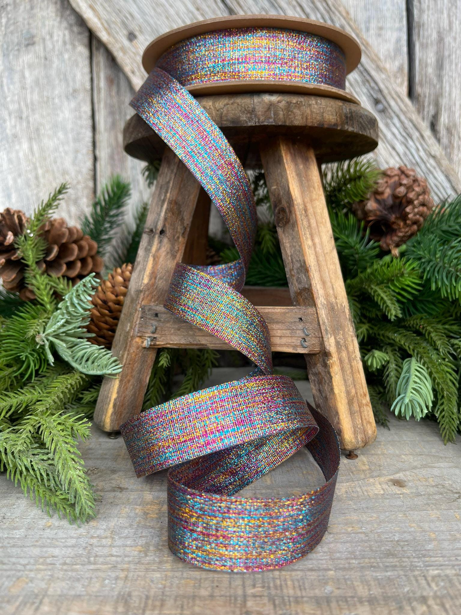 1" Metallic Rainbow Grosgrain Ribbon, Non wired Ribbon, Gift Wrap Ribbon, Metallic Ribbon, Christmas Ribbon