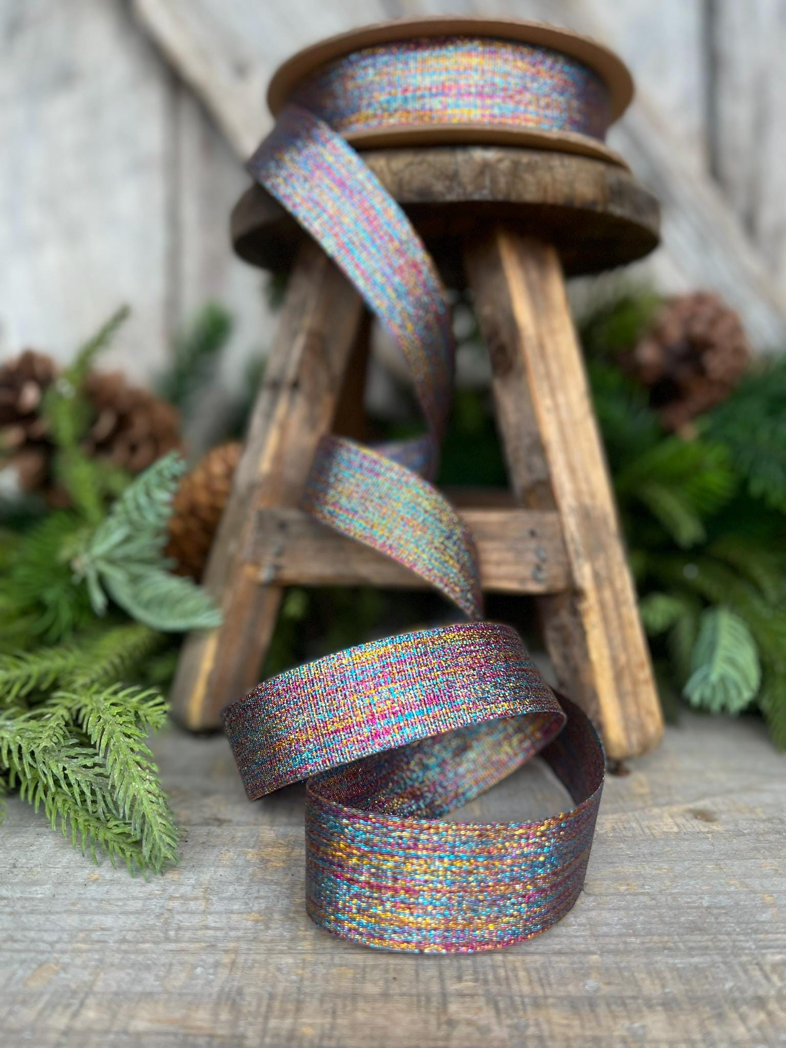 1" Metallic Rainbow Grosgrain Ribbon, Non wired Ribbon, Gift Wrap Ribbon, Metallic Ribbon, Christmas Ribbon