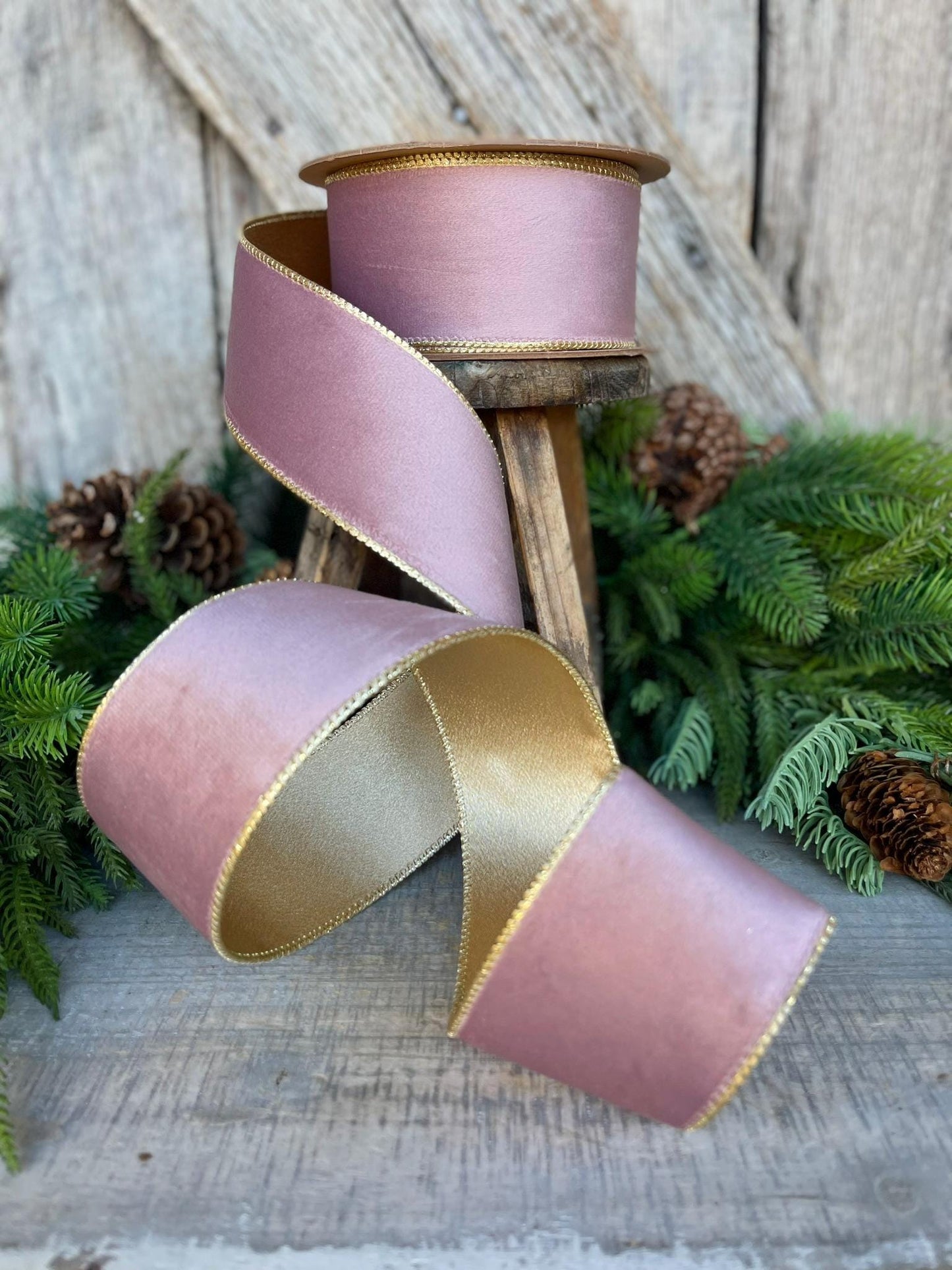 2.5" Dusty Pink Velvet Ribbon, Pink & Gold Velvet Ribbon, Wired Ribbon, Christmas Ribbon, Pink Christmas RIbbon, Dusty Rose Velvet