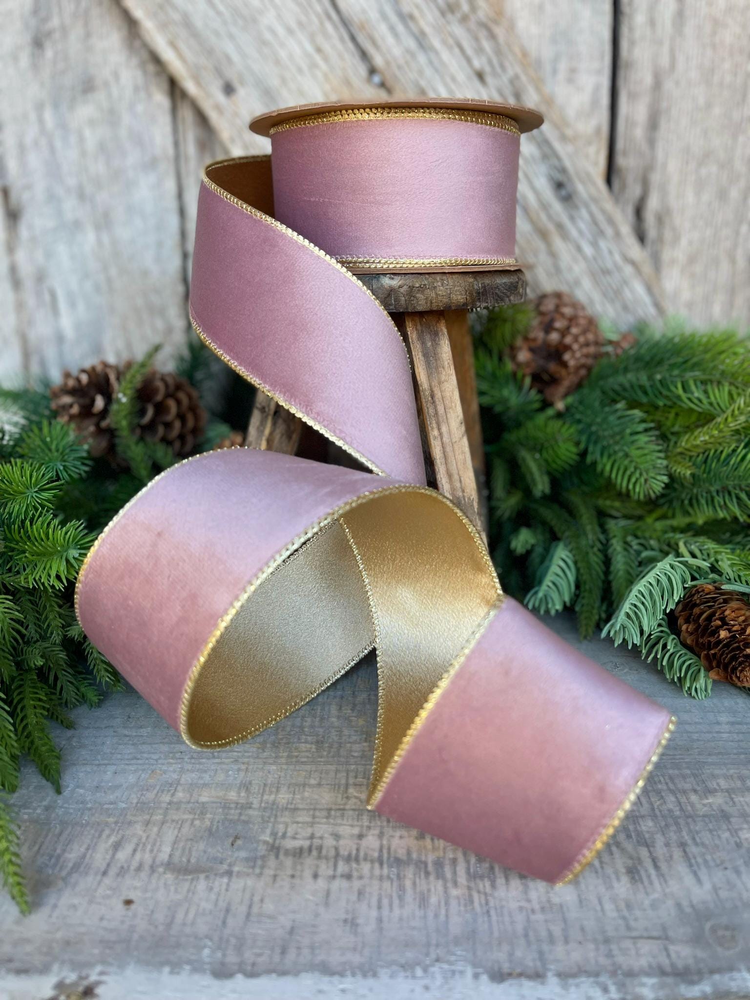 2.5" Dusty Pink Velvet Ribbon, Pink & Gold Velvet Ribbon, Wired Ribbon, Christmas Ribbon, Pink Christmas RIbbon, Dusty Rose Velvet