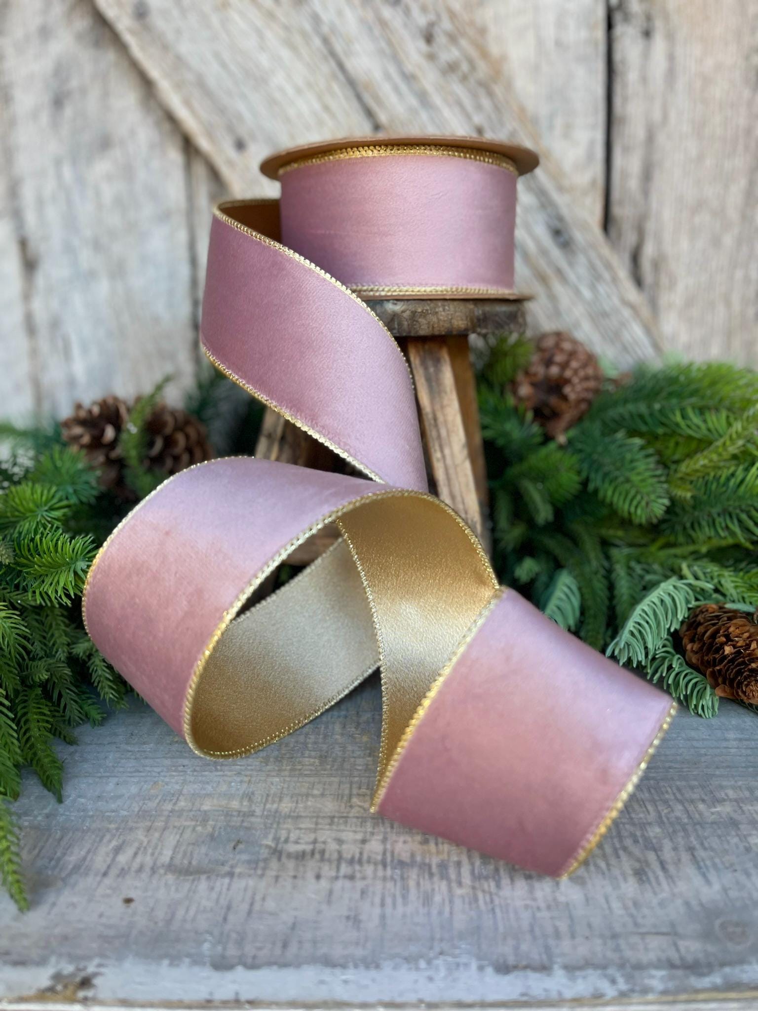 2.5" Dusty Pink Velvet Ribbon, Pink & Gold Velvet Ribbon, Wired Ribbon, Christmas Ribbon, Pink Christmas RIbbon, Dusty Rose Velvet