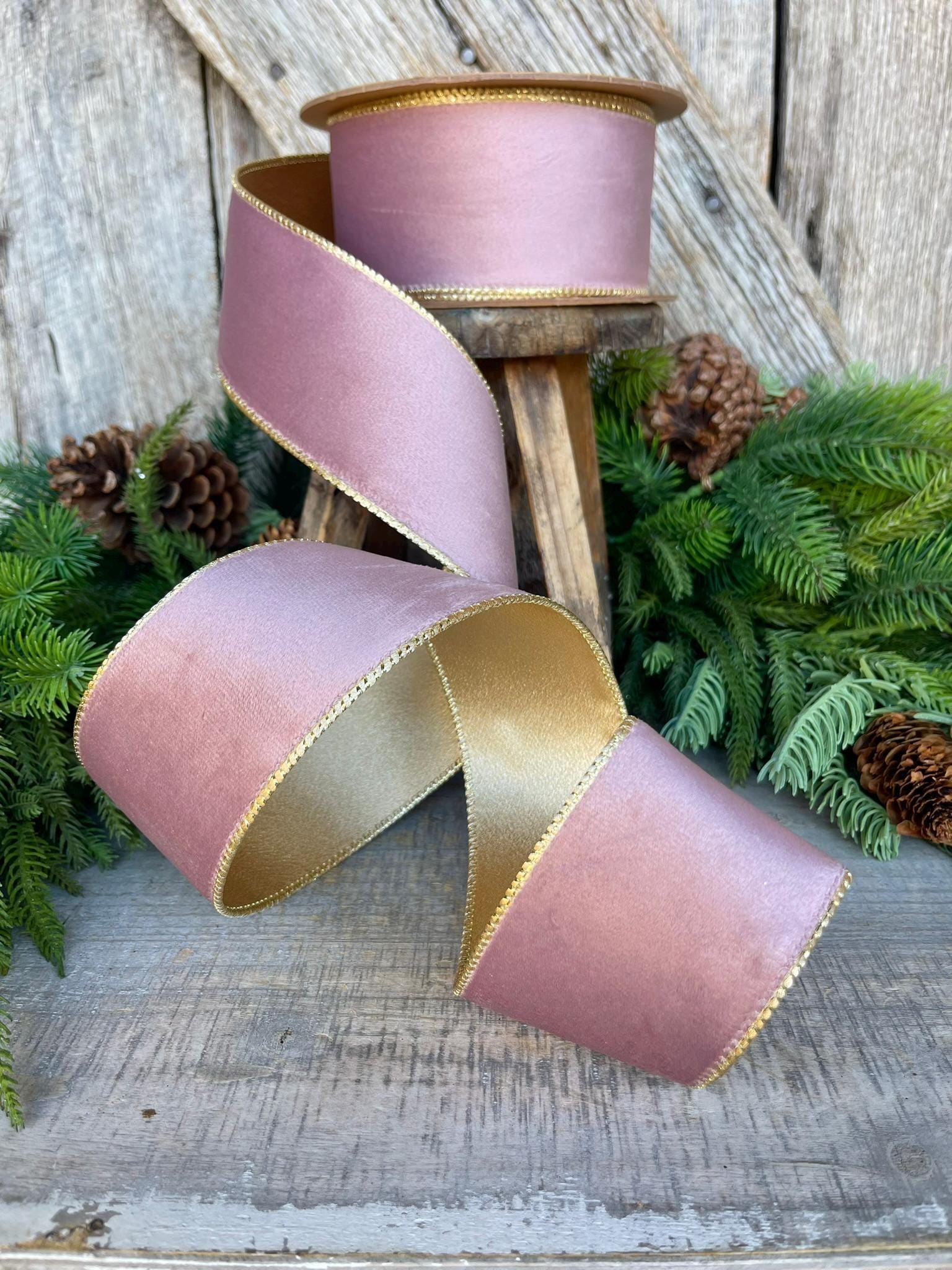 2.5" Dusty Pink Velvet Ribbon, Pink & Gold Velvet Ribbon, Wired Ribbon, Christmas Ribbon, Pink Christmas RIbbon, Dusty Rose Velvet