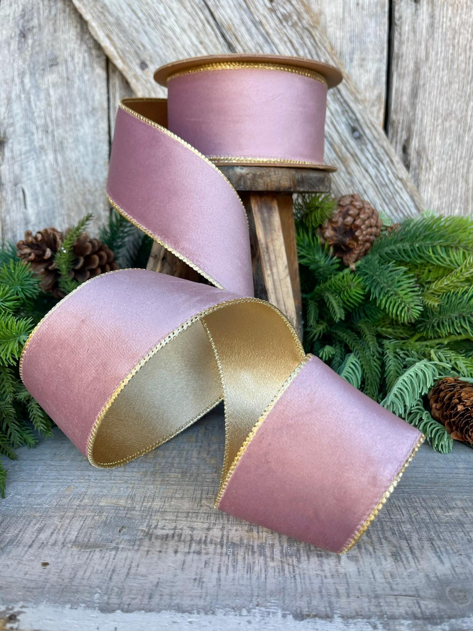 2.5" Dusty Pink Velvet Ribbon, Pink & Gold Velvet Ribbon, Wired Ribbon, Christmas Ribbon, Pink Christmas RIbbon, Dusty Rose Velvet