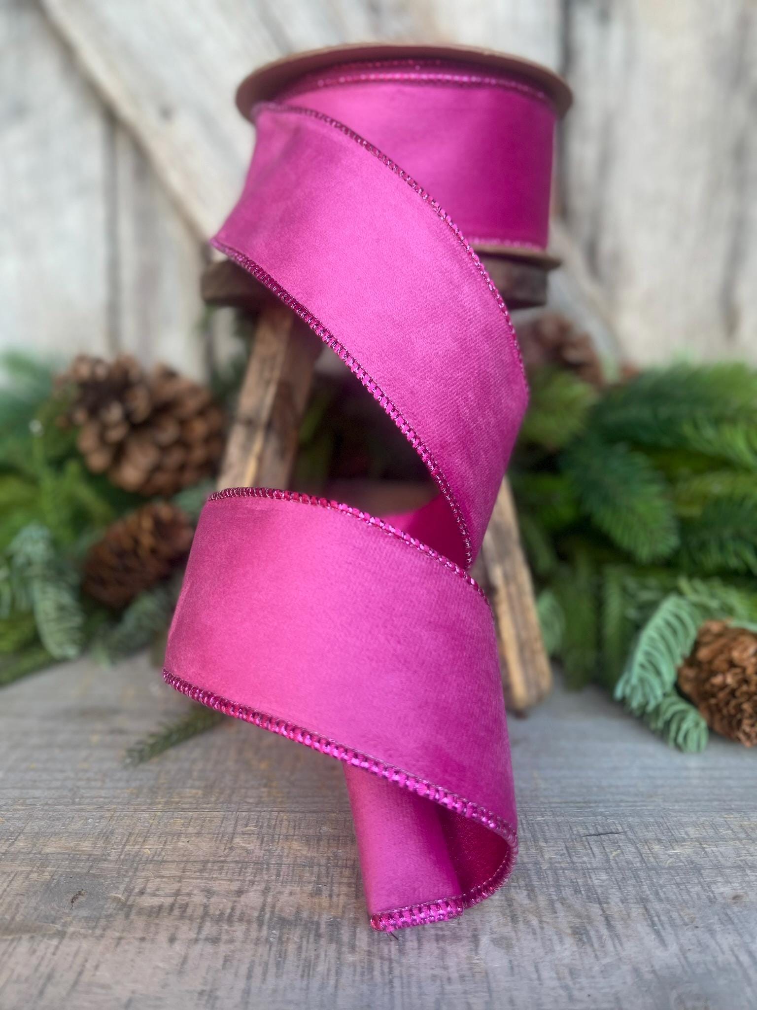 2.5" Hot Pink Velvet Ribbon, Wired Ribbon