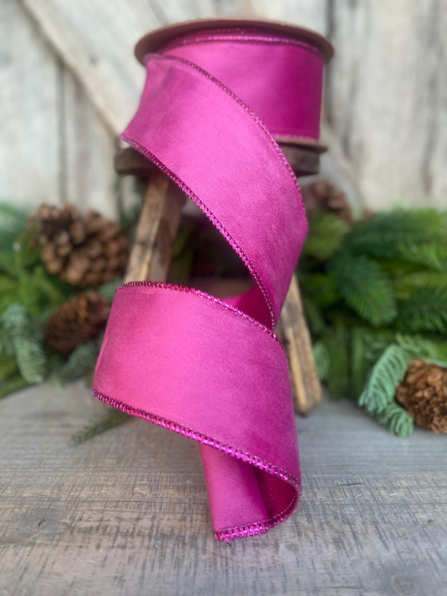 2.5" Hot Pink Velvet Ribbon, Wired Ribbon