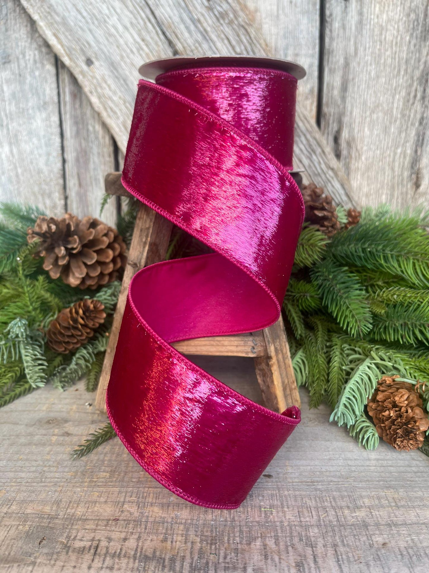 2.5" Hot Pink Tinsel Sheen Ribbon, Farrisilk Ribbon, Wired RIbbon, Christmas Ribbon, Hot Pink Ribbon, Pink Christmas Tree, RS022-08