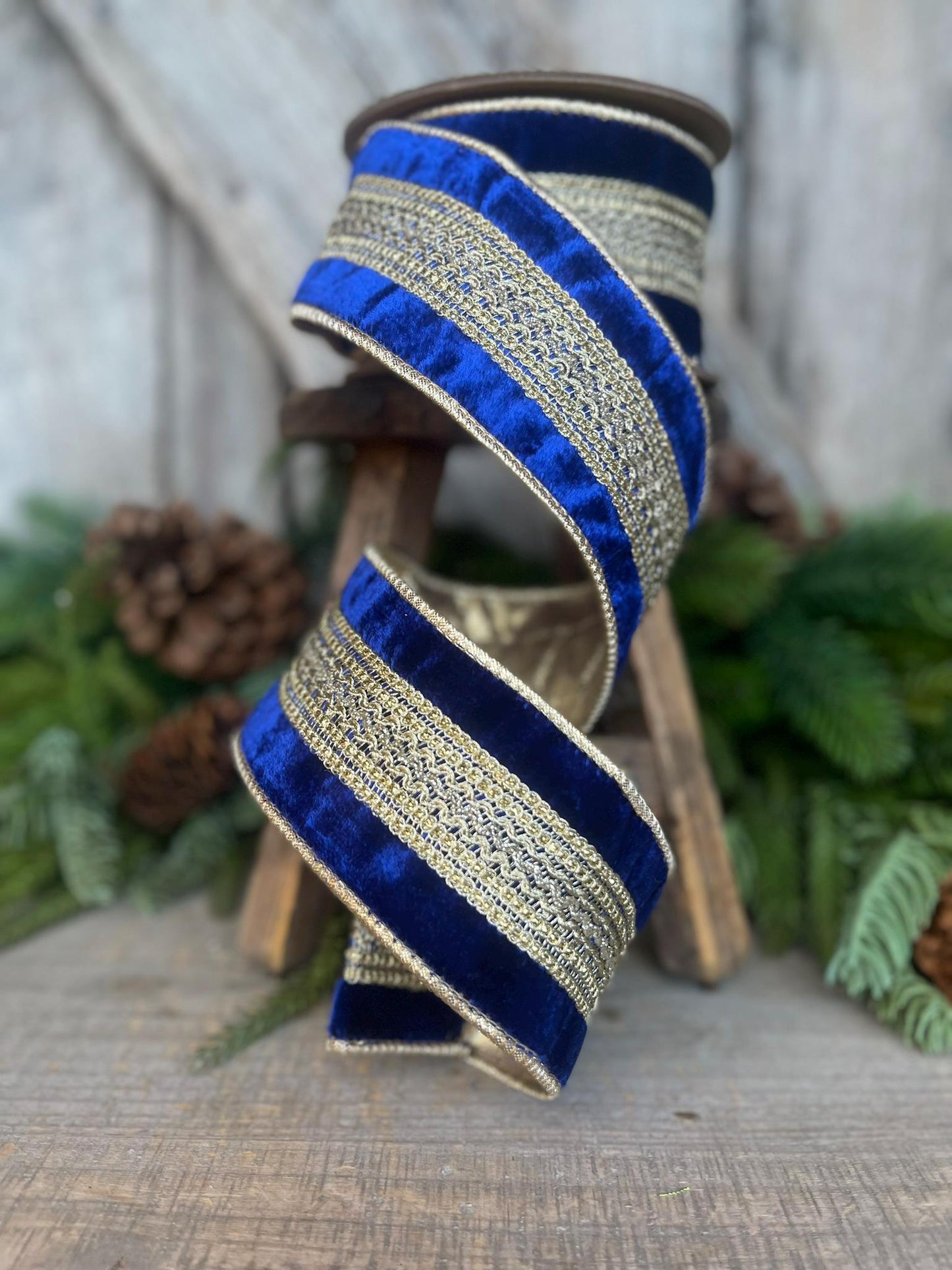 2.5" Blue and Gold Trim Ribbon, Royal Blue Ribbon, Wired Ribbon, Blue Christmas Ribbon, Jeweled RIbbon, Designer Ribbon