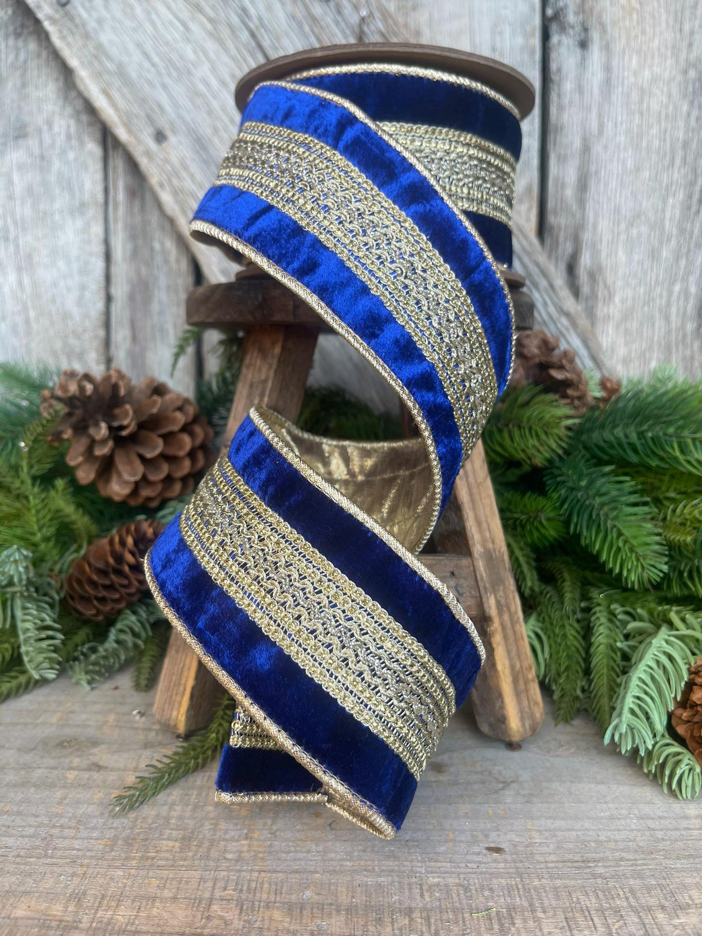 2.5" Blue and Gold Trim Ribbon, Royal Blue Ribbon, Wired Ribbon, Blue Christmas Ribbon, Jeweled RIbbon, Designer Ribbon