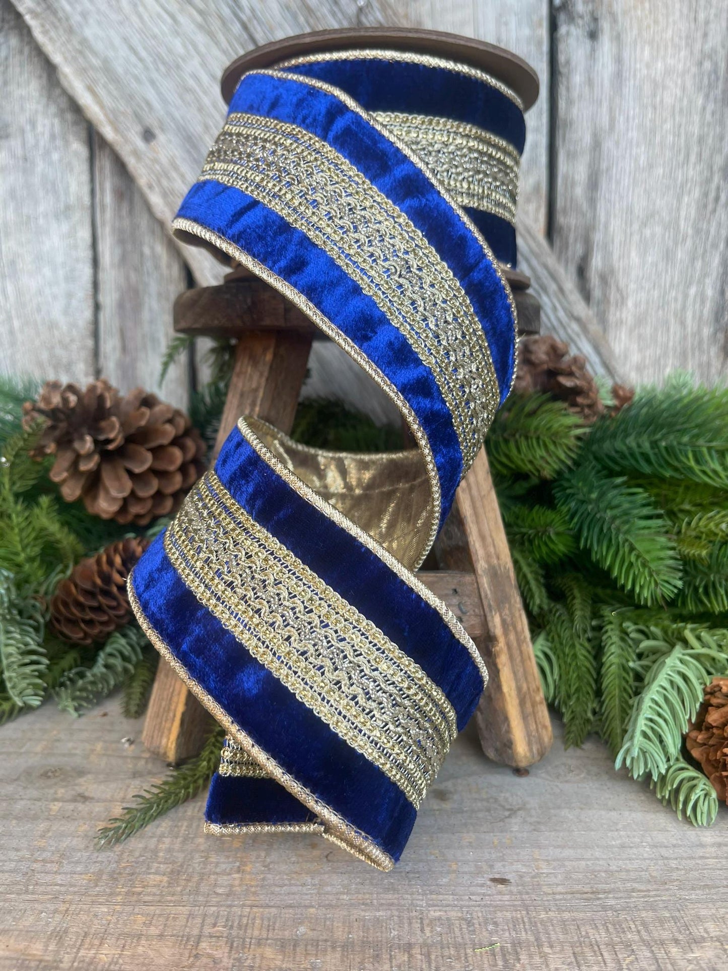 2.5" Blue and Gold Trim Ribbon, Royal Blue Ribbon, Wired Ribbon, Blue Christmas Ribbon, Jeweled RIbbon, Designer Ribbon