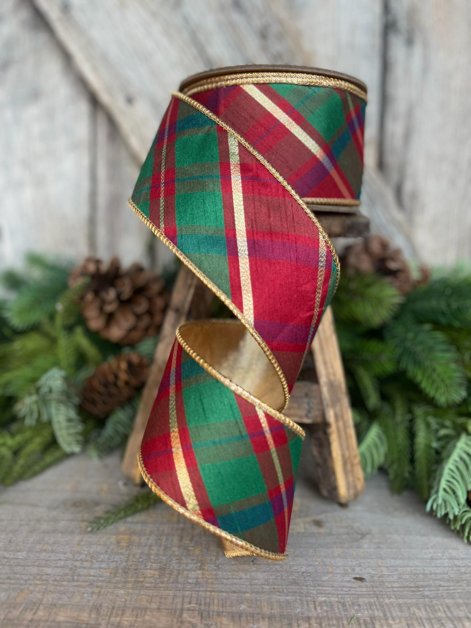 2.5" Christmas Plaid Ribbon, Red Green Gold Plaid Ribbon, Traditional Christmas Ribbon, Wired RIbbon, Classic Christmas Plaid Ribbon