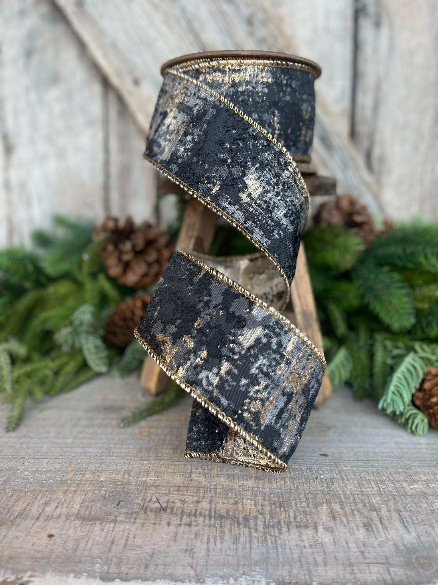 2.5" Black Gold Jacquard Ribbon, Wired RIbbon