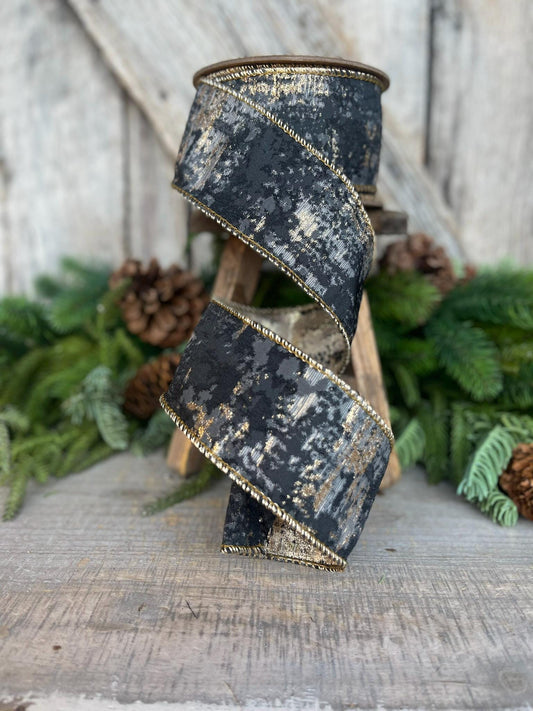 2.5" Black Gold Jacquard Ribbon, Wired RIbbon, Christmas Ribbon, CHristmas Tree RIbbon, Designer RIbbon, Black Ribbon, Holiday Decor