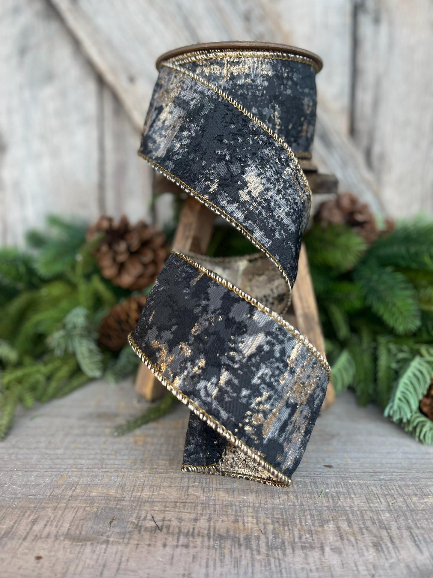 2.5" Black Gold Jacquard Ribbon, Wired RIbbon