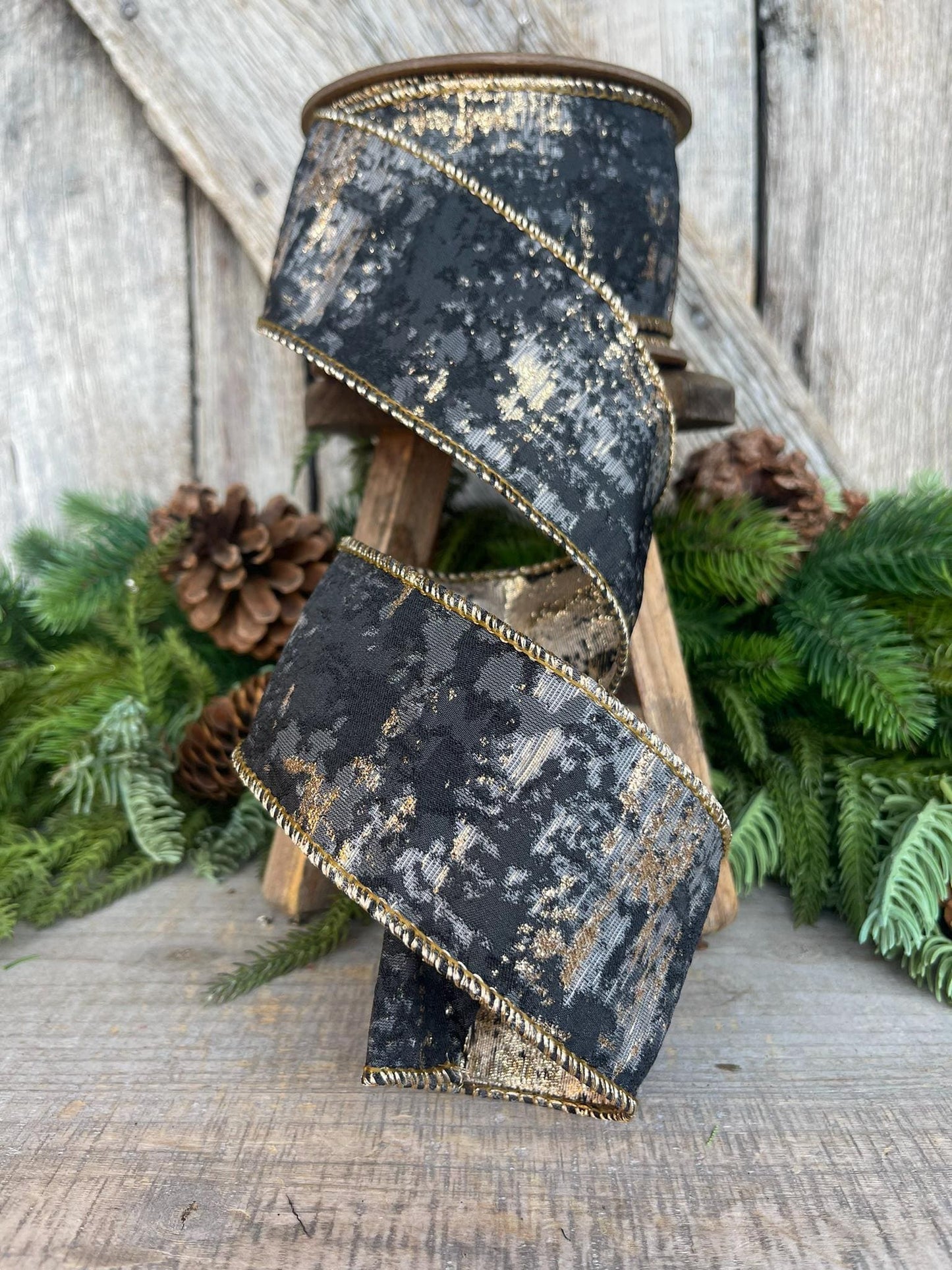 2.5" Black Gold Jacquard Ribbon, Wired RIbbon