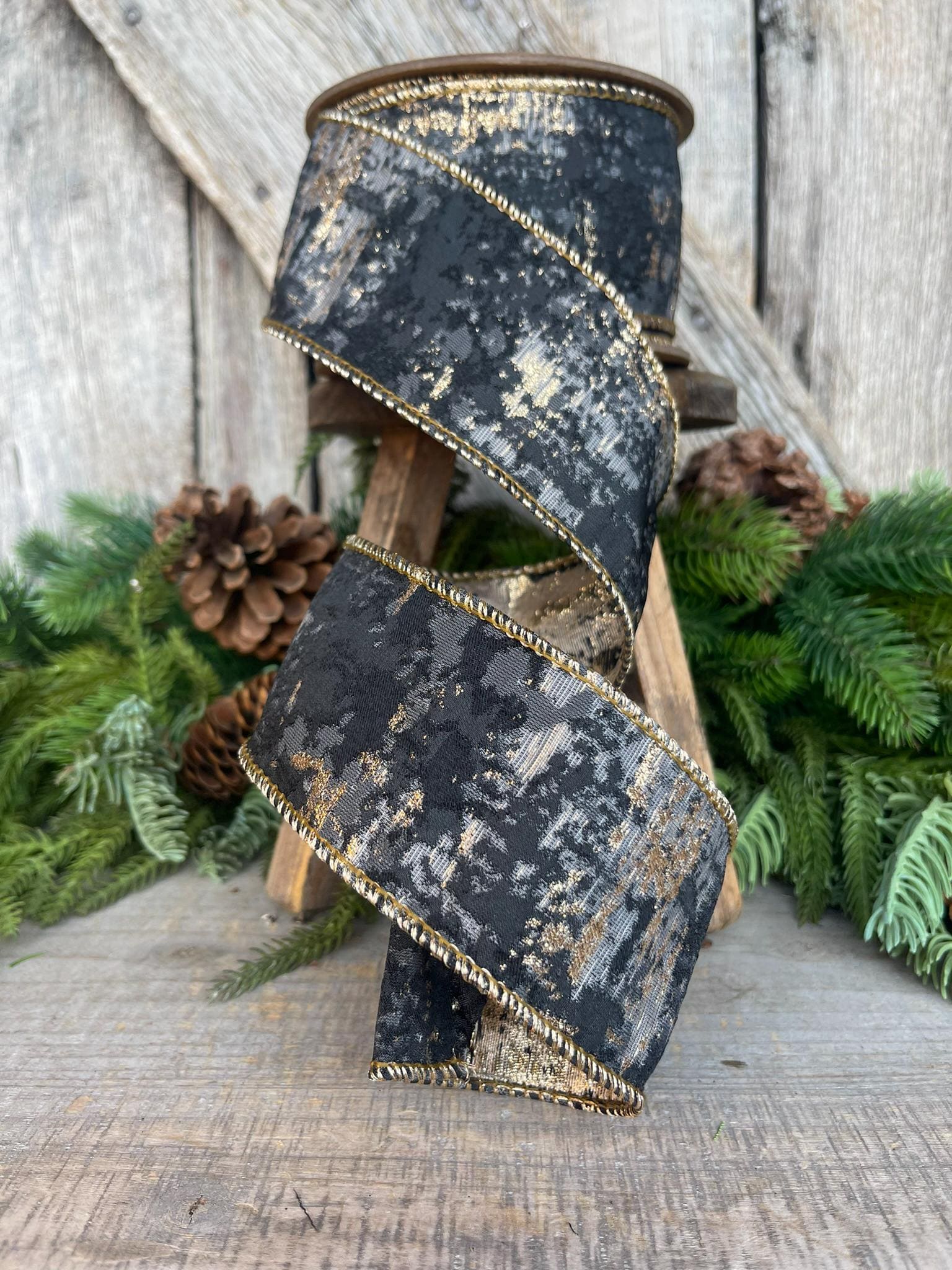 2.5" Black Gold Jacquard Ribbon, Wired RIbbon