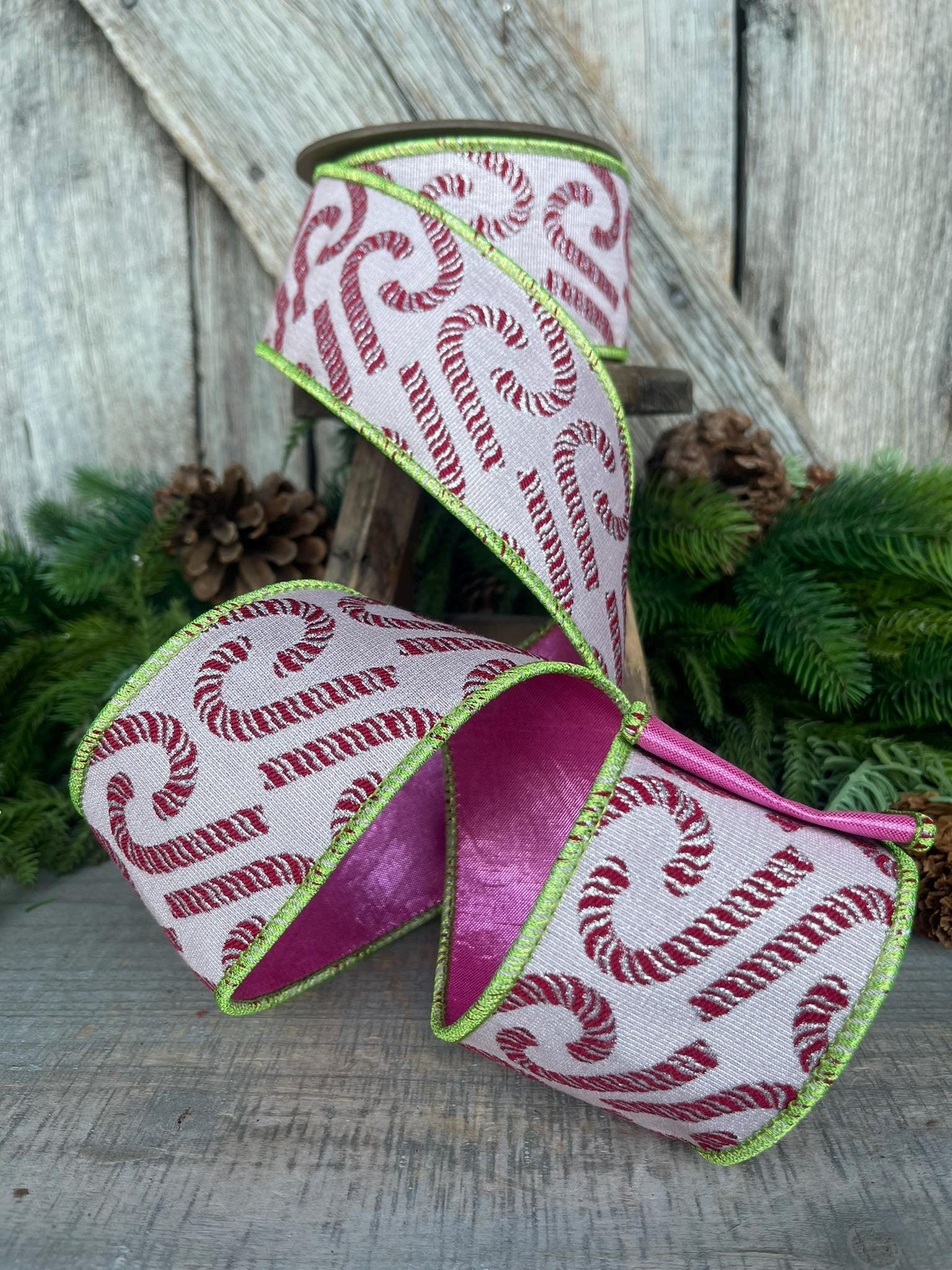 2.5" Pink Candy Cane RIbbon, Christmas RIbbon, Candy Ribbon, CHristmas Candy Cane RIbbon, Designer Ribbon