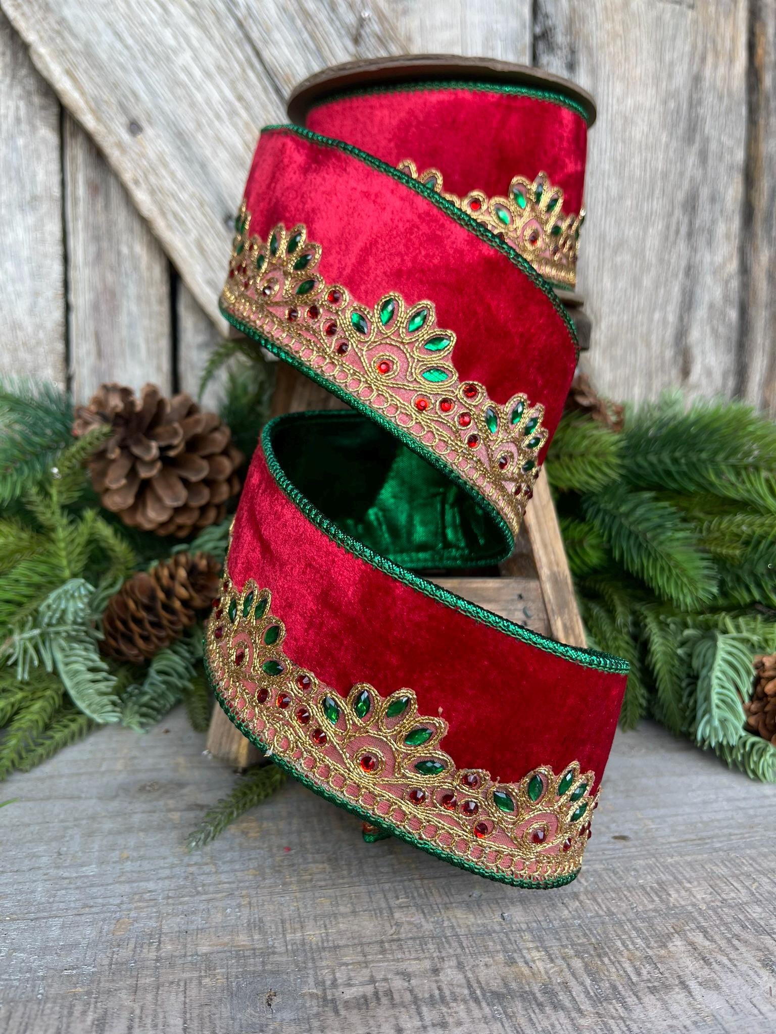 2.5" Red Velvet Jeweled Ribbon, Red Green Jeweled Ribbon, Christmas Ribbon, 5 yards, Holiday decor, Christmas Tree Ribbon, Holiday