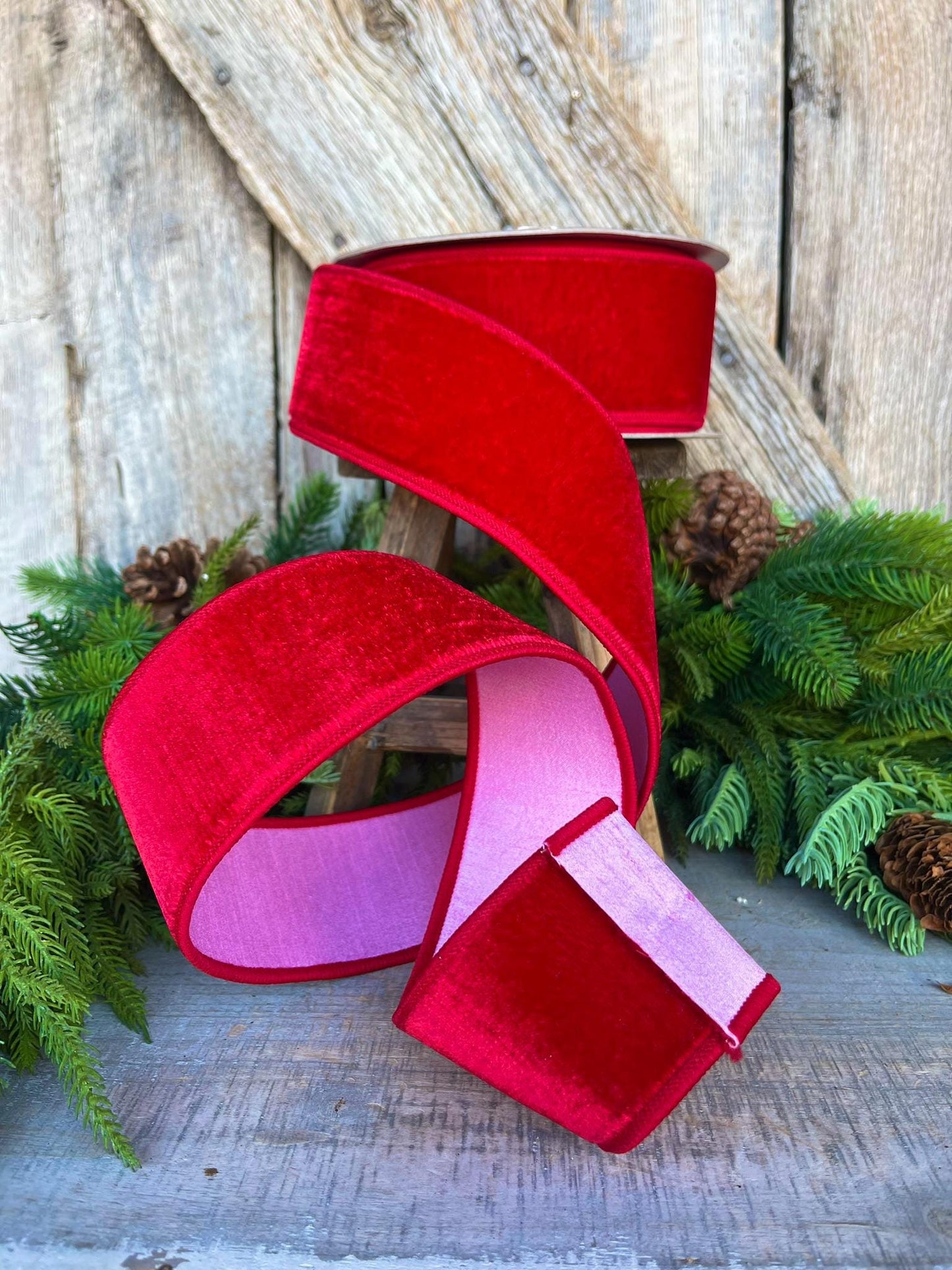 2.5" Red Pink Velvet Ribbon, Farrisilk Ribbon, Wired Ribbon, Pink Ribbon, Pink Red Ribbon, Designer Ribbon, Christmas, RK741-02