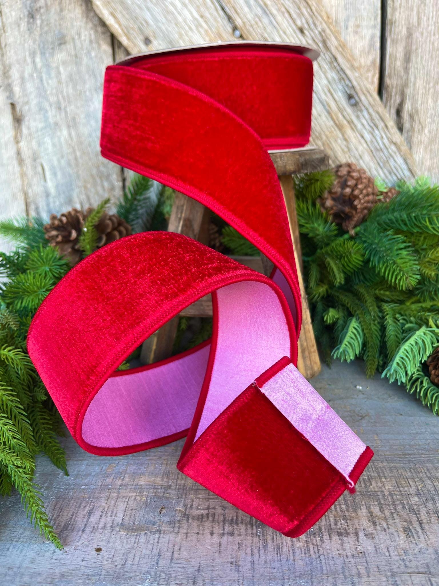 2.5" Red Pink Velvet Ribbon, Farrisilk Ribbon, Wired Ribbon, Pink Ribbon, Pink Red Ribbon, Designer Ribbon, Christmas, RK741-02