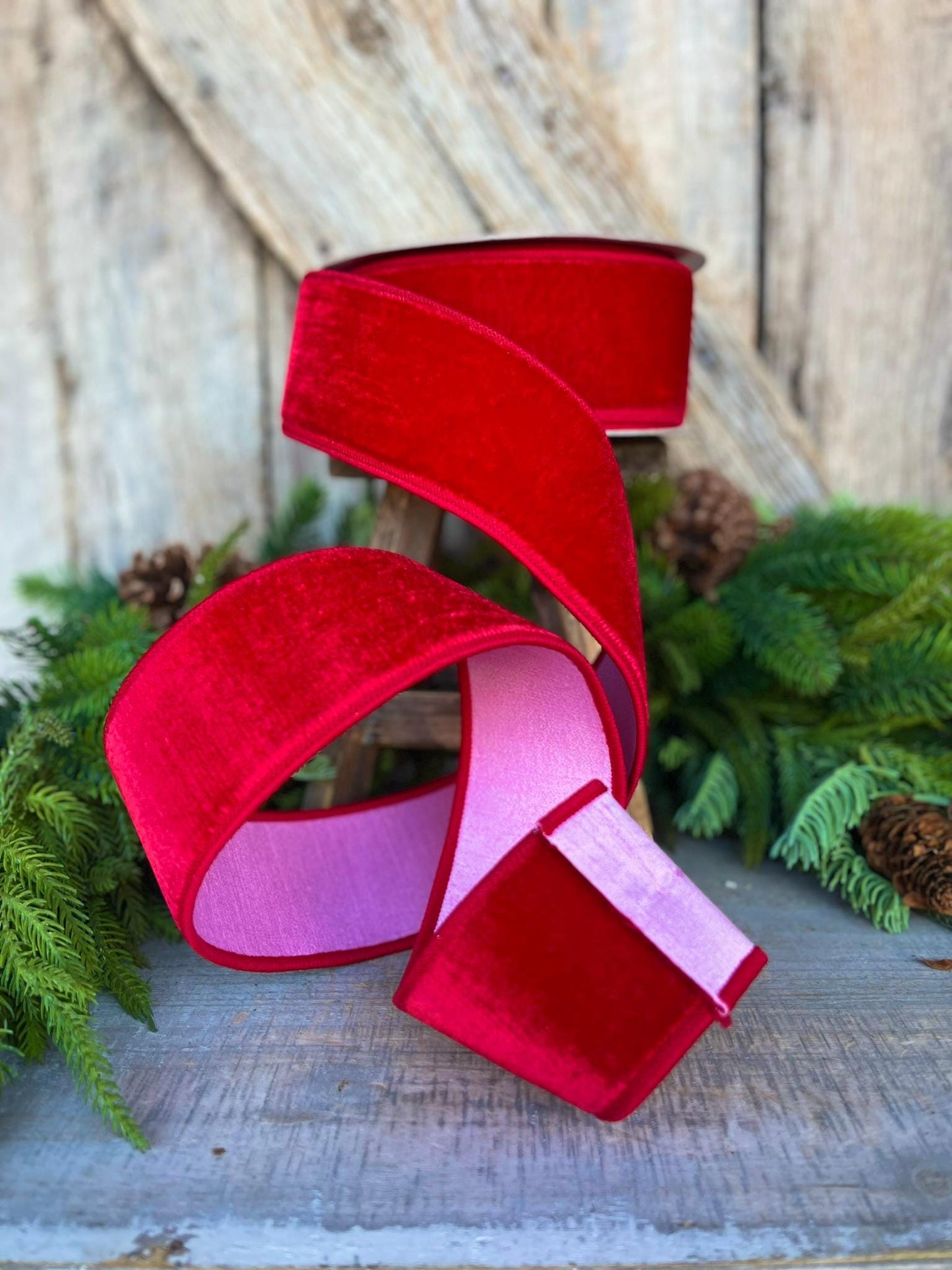 2.5" Red Pink Velvet Ribbon, Farrisilk Ribbon, Wired Ribbon, Pink Ribbon, Pink Red Ribbon, Designer Ribbon, Christmas, RK741-02