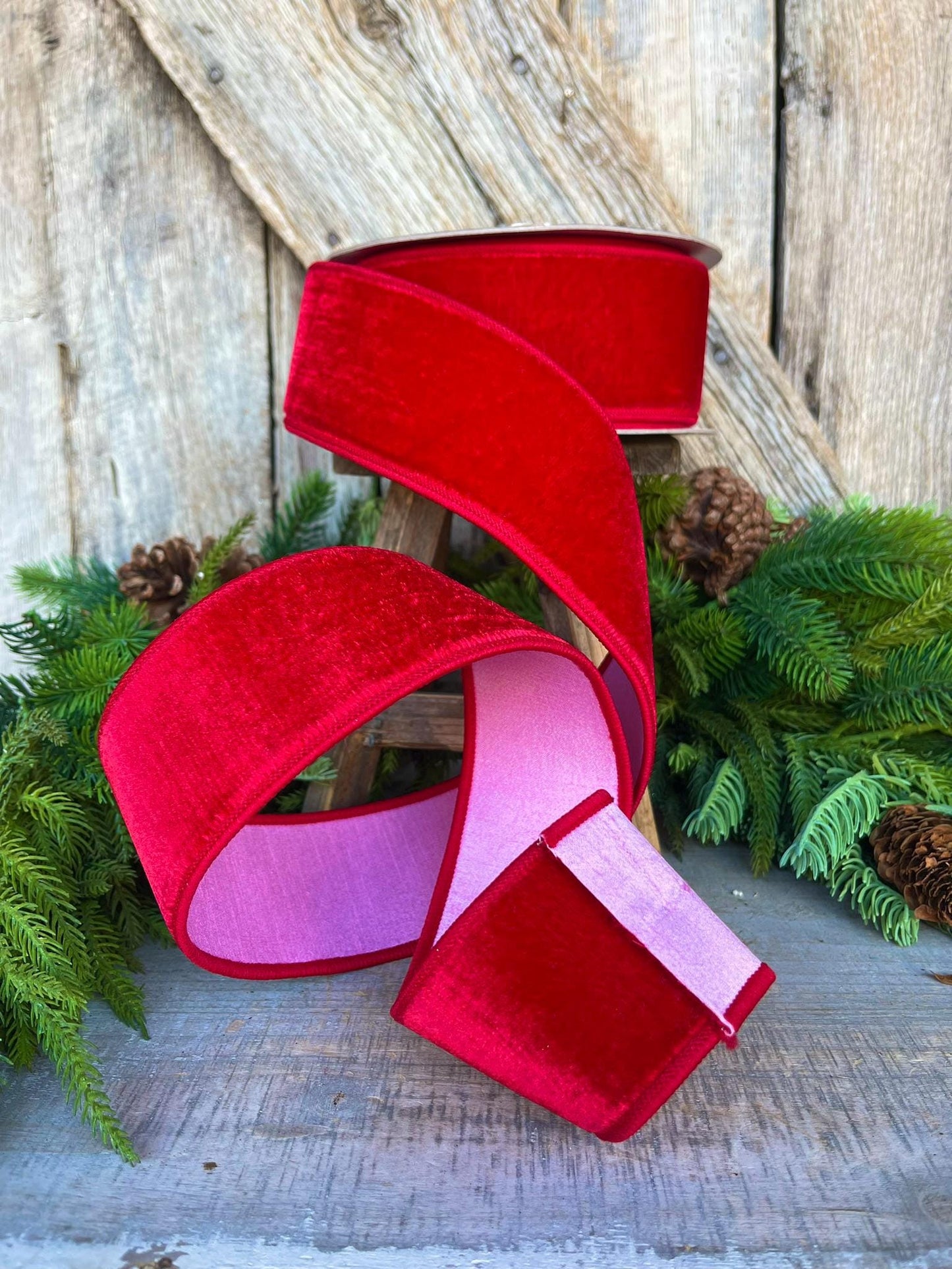 2.5" Red Pink Velvet Ribbon, Farrisilk Ribbon, Wired Ribbon, Pink Ribbon, Pink Red Ribbon, Designer Ribbon, Christmas, RK741-02