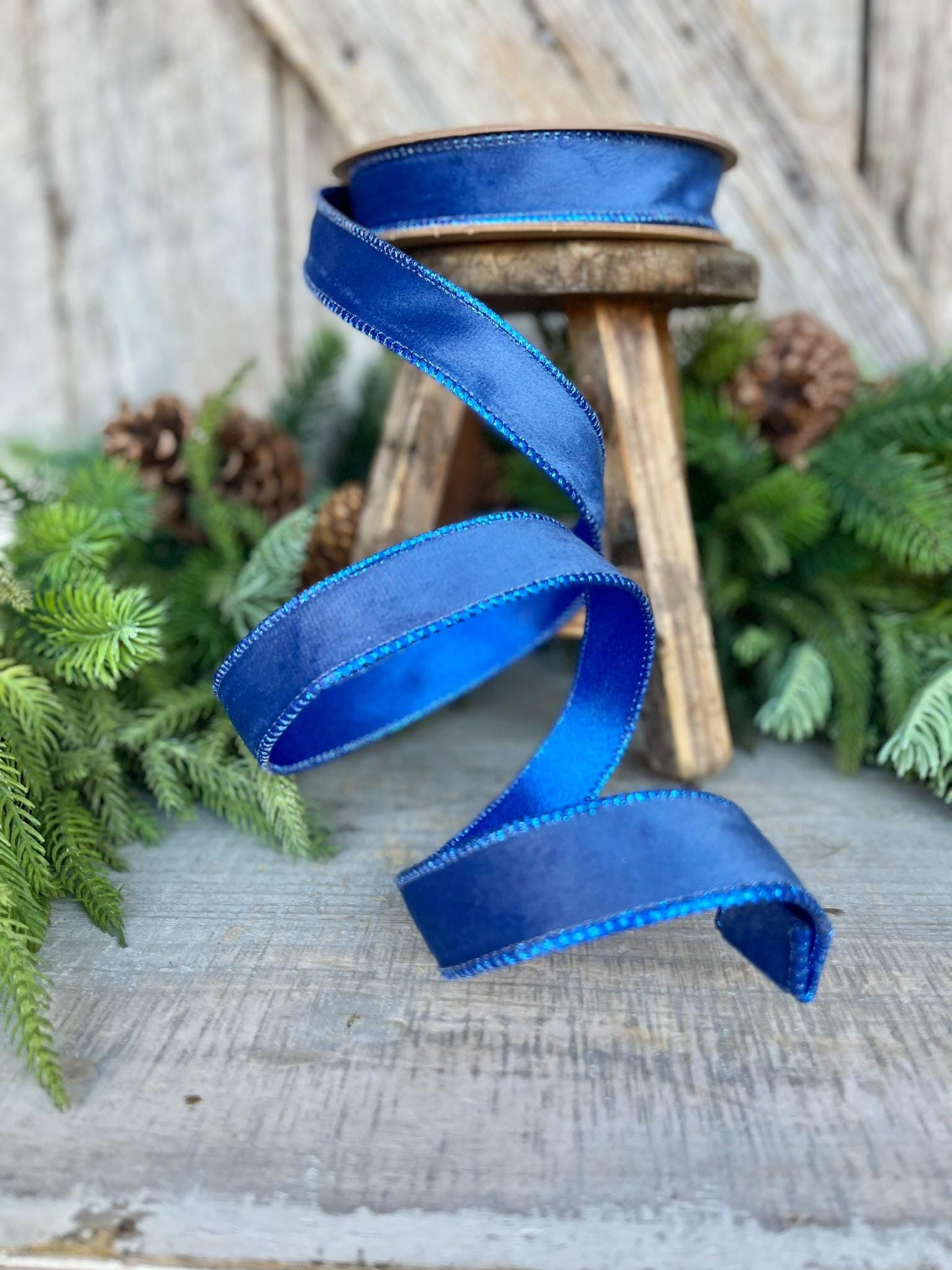 1" Blue Velvet Ribbon, Wired Ribbon