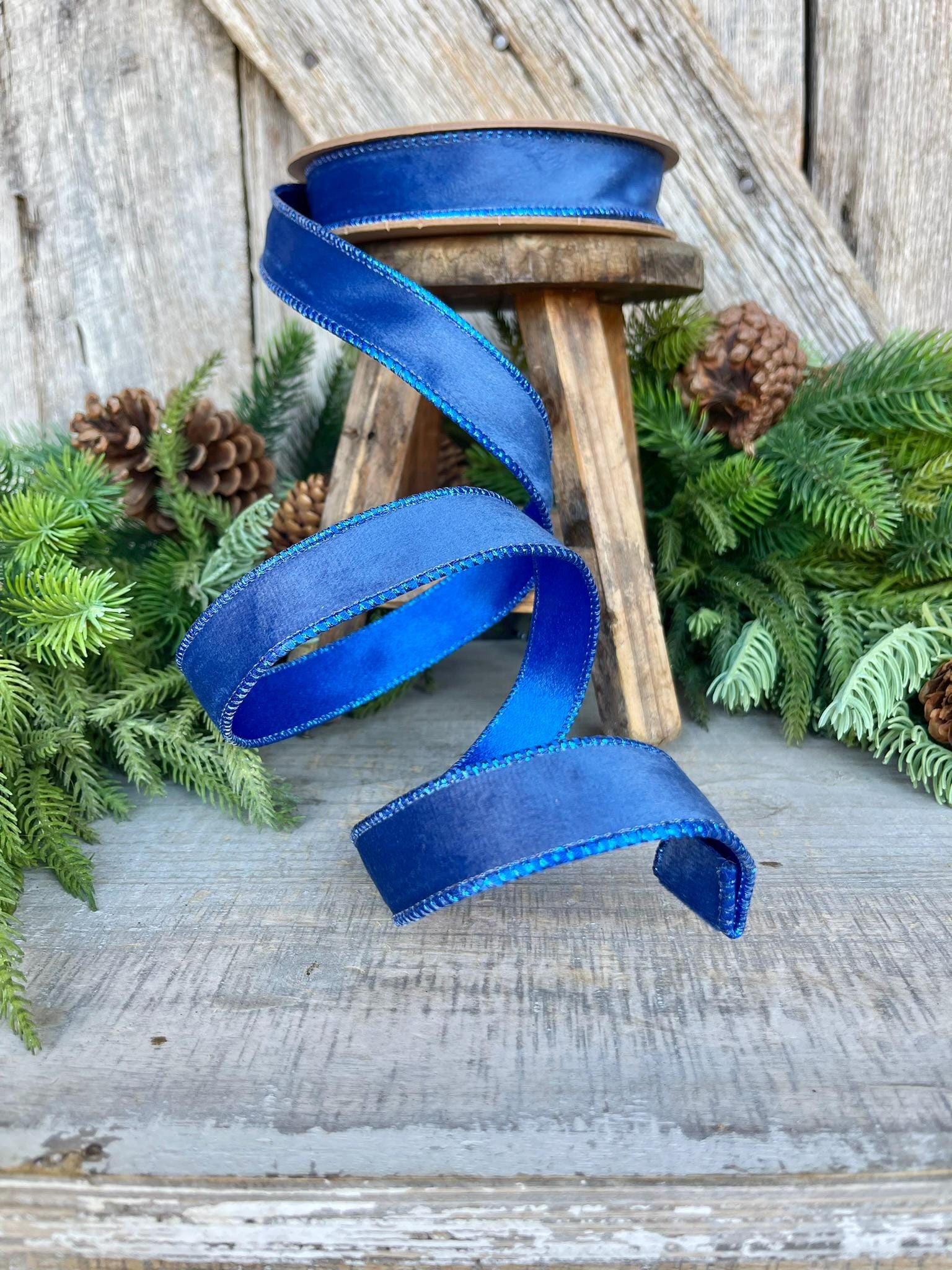 1" Blue Velvet Ribbon, Wired Ribbon, Christmas Ribbon, Blue Christmas Velvet, Christmas Tree Ribbon, Blue Ribbon