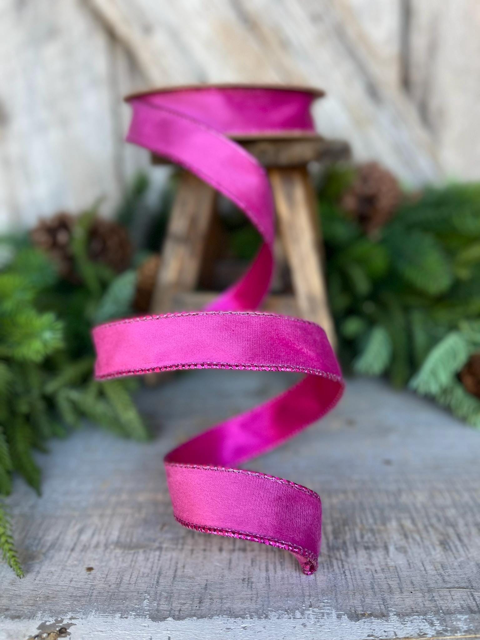 1" Hot Pink Velvet Ribbon, Wired Ribbon