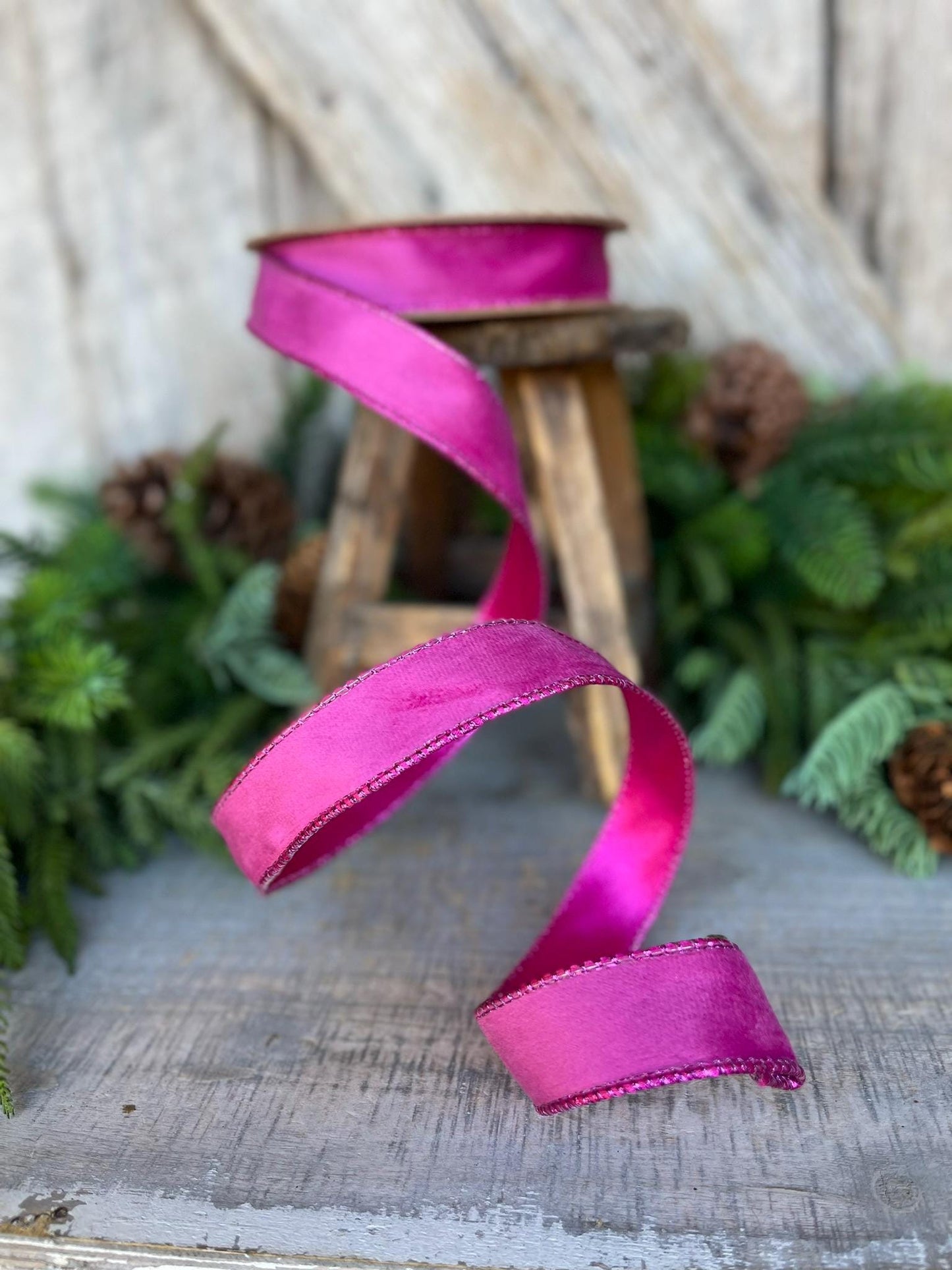 1" Hot Pink Velvet Ribbon, Wired Ribbon