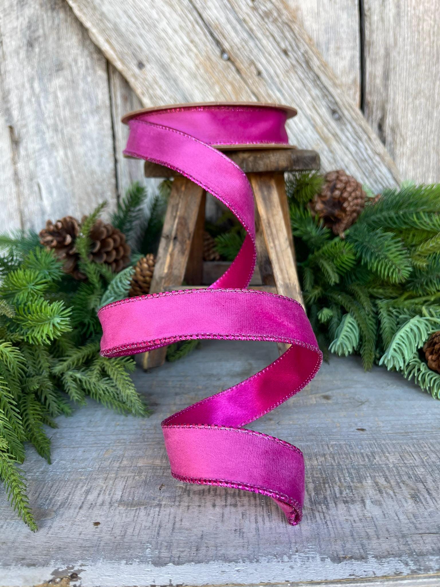 1" Hot Pink Velvet Ribbon, Wired Ribbon, Christmas Ribbon, Pink Christmas Velvet, Christmas Tree Ribbon, Pink Ribbon