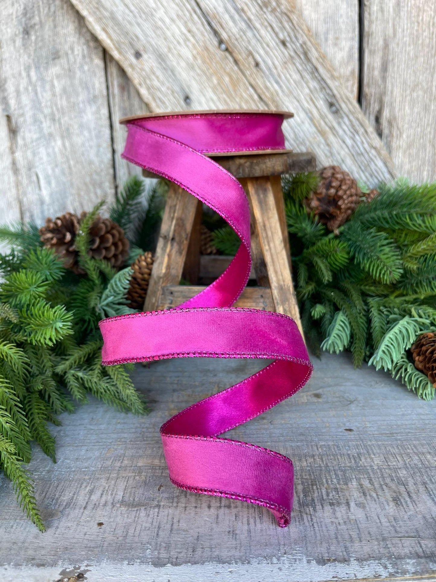 1" Hot Pink Velvet Ribbon, Wired Ribbon