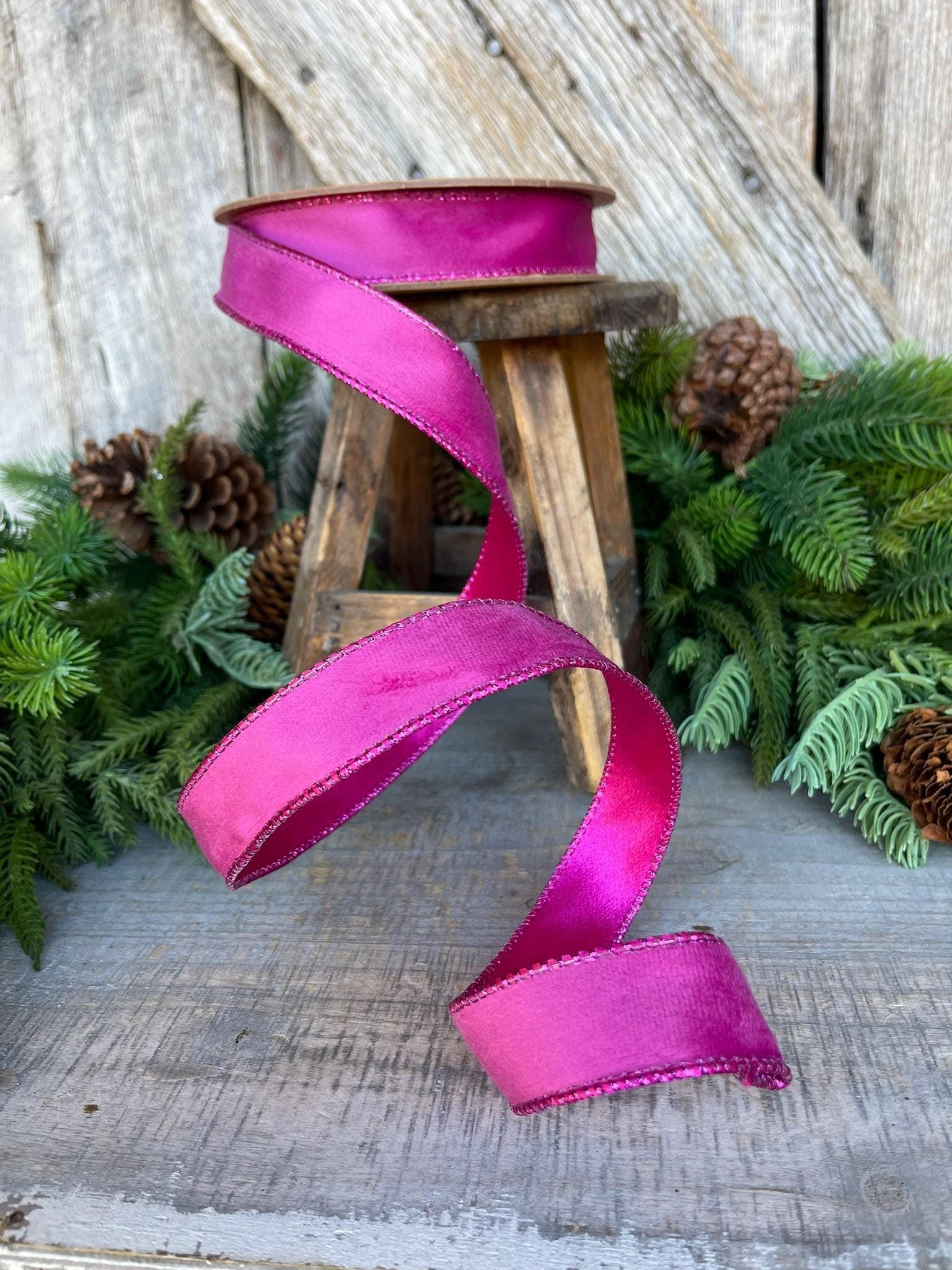 1" Hot Pink Velvet Ribbon, Wired Ribbon, Christmas Ribbon, Pink Christmas Velvet, Christmas Tree Ribbon, Pink Ribbon