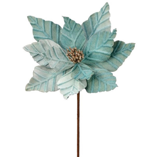 24" Aqua Blue Velvet Poinsettia Stem, Christmas Tree Poinsettia, Aqua Blue Holiday Decor, Teal Poinsettia