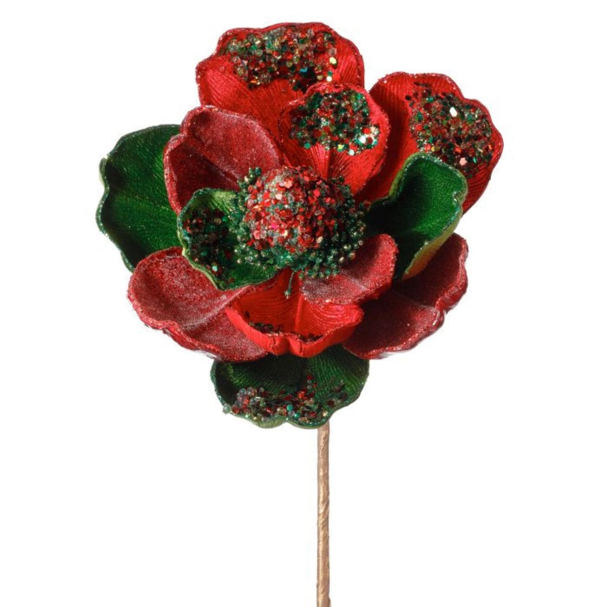 24" Red Green Jeweled Magnolia Pick, Red Christmas Magnolia, Magnolia for Christmas Tree, Red Christmas Floral