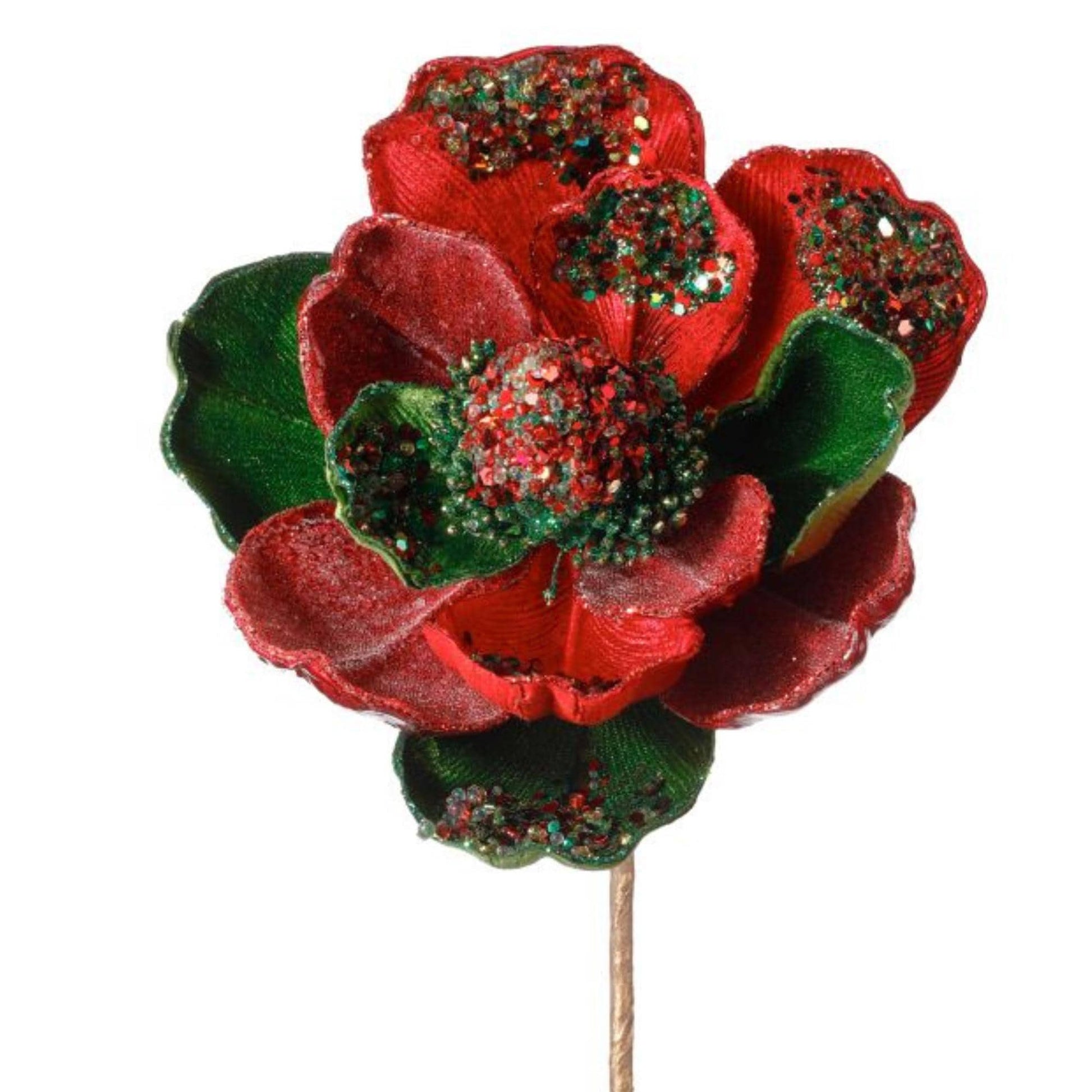 24" Red Green Jeweled Magnolia Pick, Red Christmas Magnolia, Magnolia for Christmas Tree, Red Christmas Floral