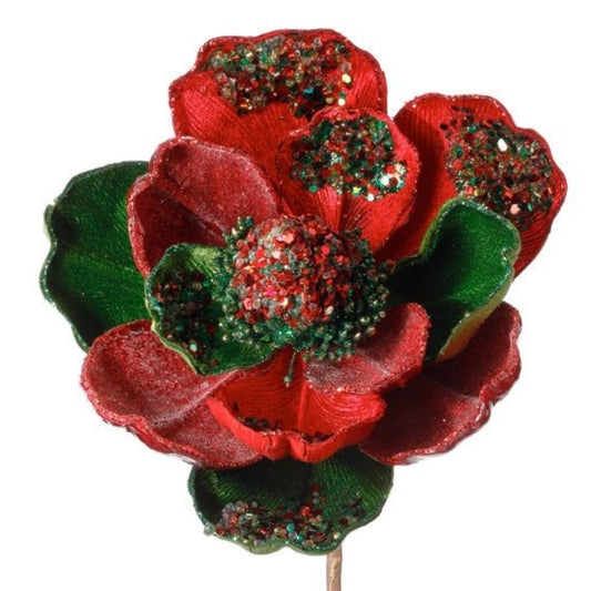 24" Red Green Jeweled Magnolia Pick, Red Christmas Magnolia, Magnolia for Christmas Tree, Red Christmas Floral