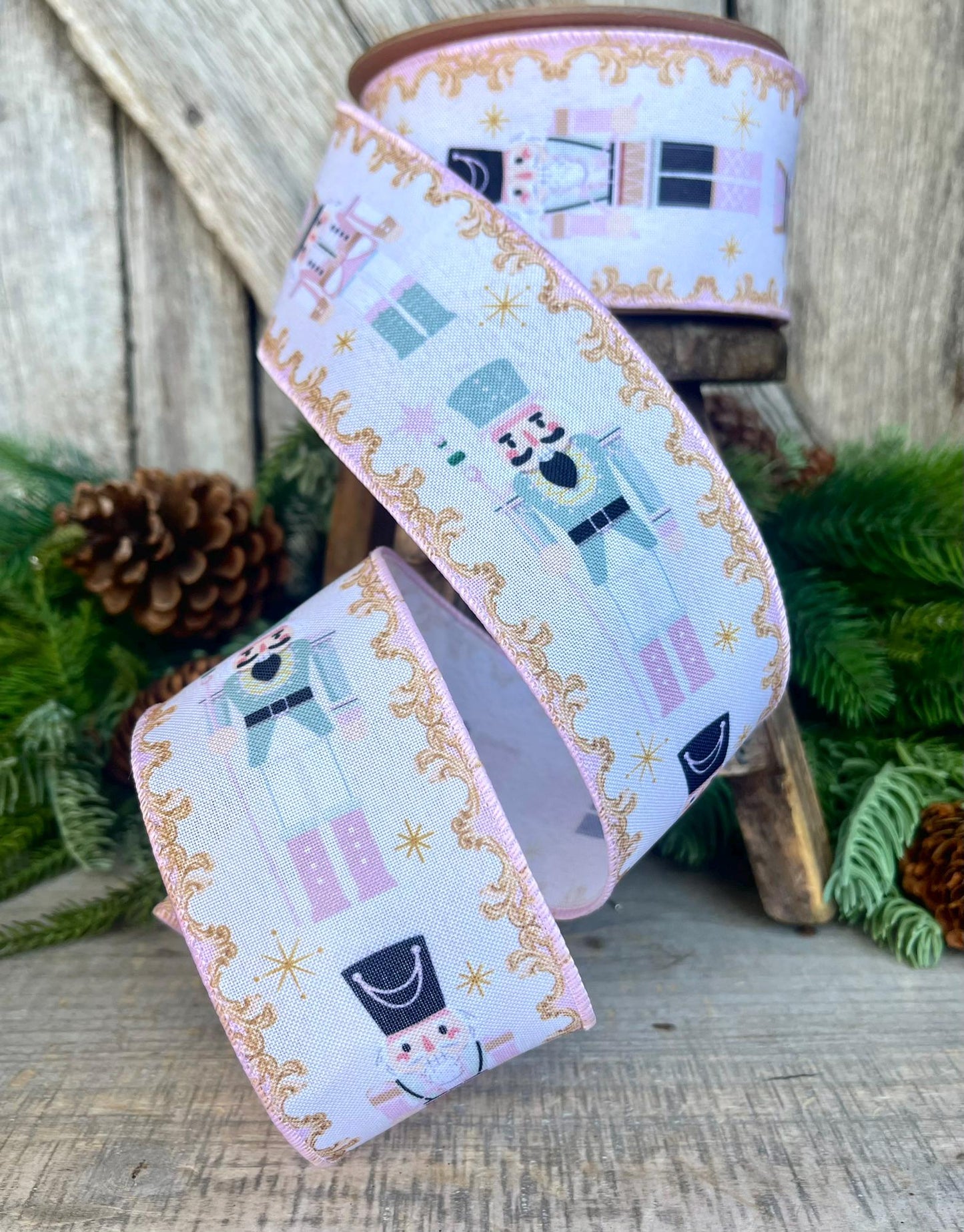 2.5" Pink Nutcracker Ribbon, Pink Ribbon, Pink christmas Ribbon, Nutcracker RIbbon, Wired Ribbon, Ribbon for bows, 94480W-061-40F