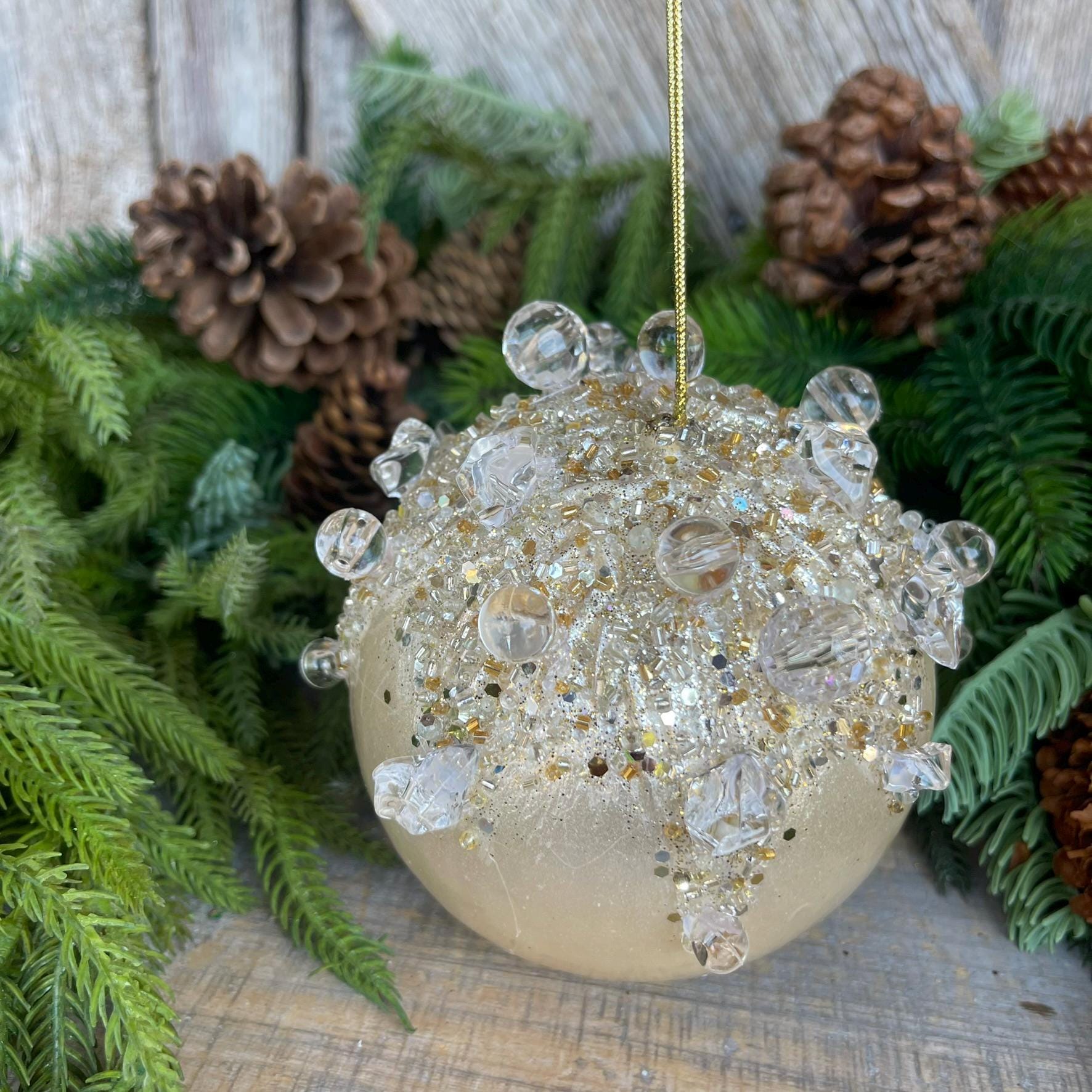 5" Ivory Pearl Bejeweled Ornament, Ivory Ornament