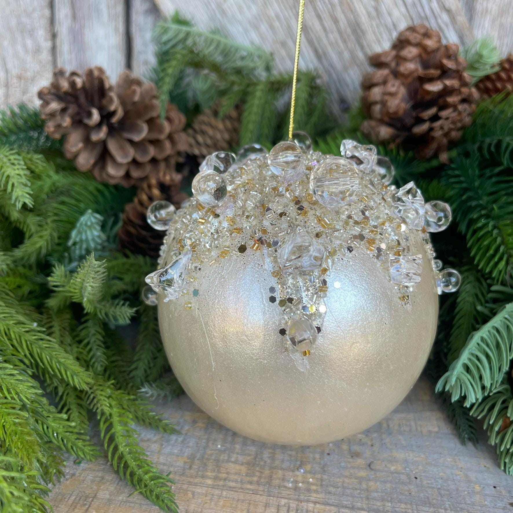 5" Ivory Pearl Bejeweled Ornament, Ivory Ornament