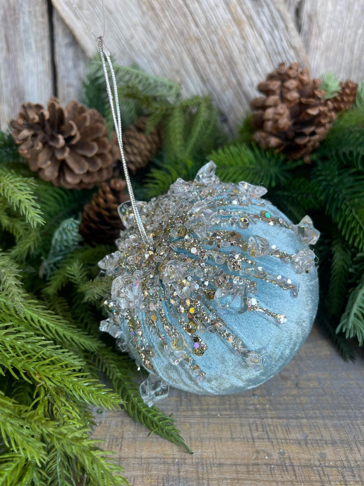 5" Light Blue Velvet Ornament, Blue Ornament, Jeweled Velvet Ornament, Christmas Tree Ornament, Blue Elegant Ornament, Farrisilk, FW362-14