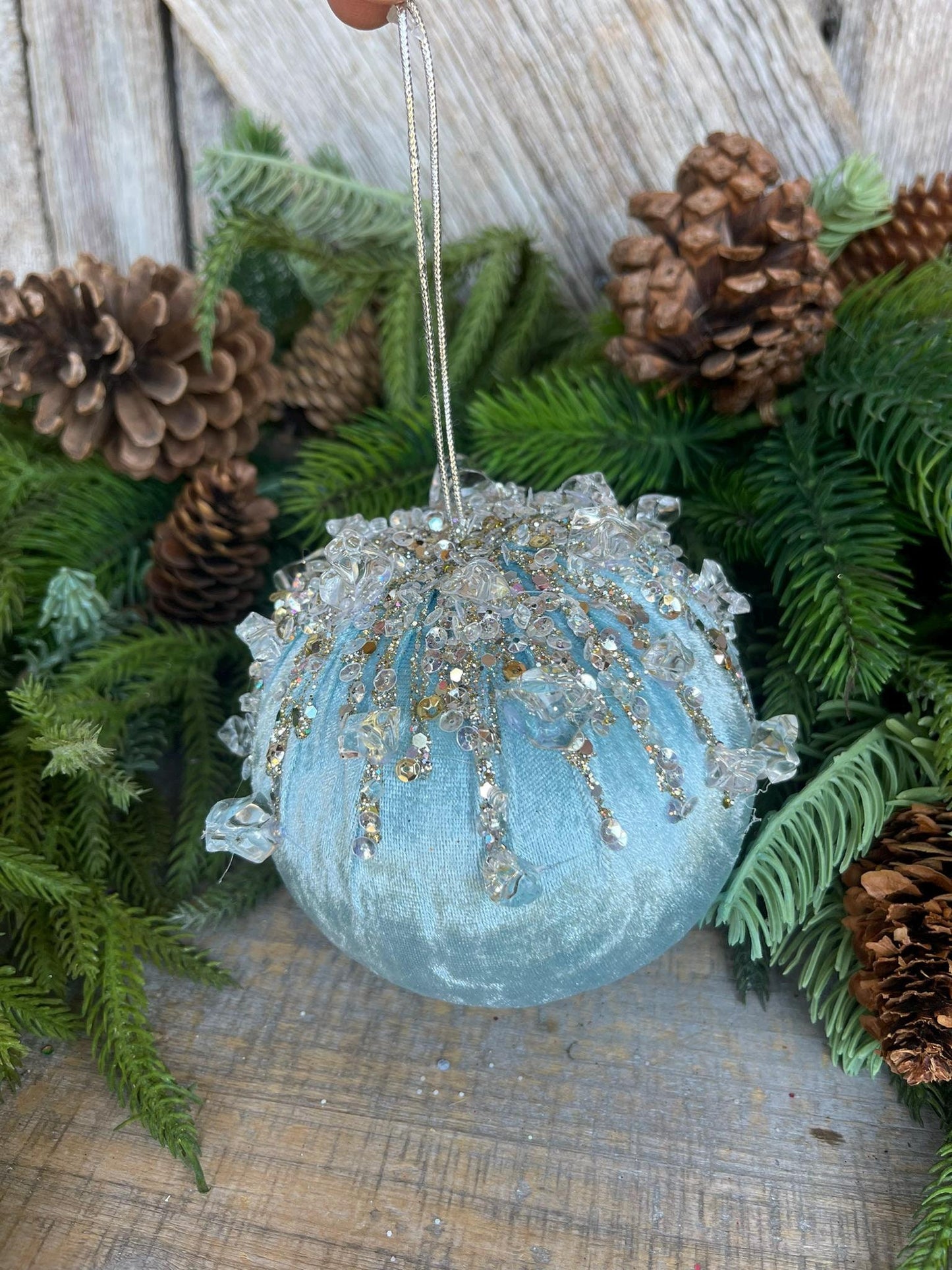 5" Light Blue Velvet Ornament, Blue Ornament, Jeweled Velvet Ornament, Christmas Tree Ornament, Blue Elegant Ornament, Farrisilk, FW362-14