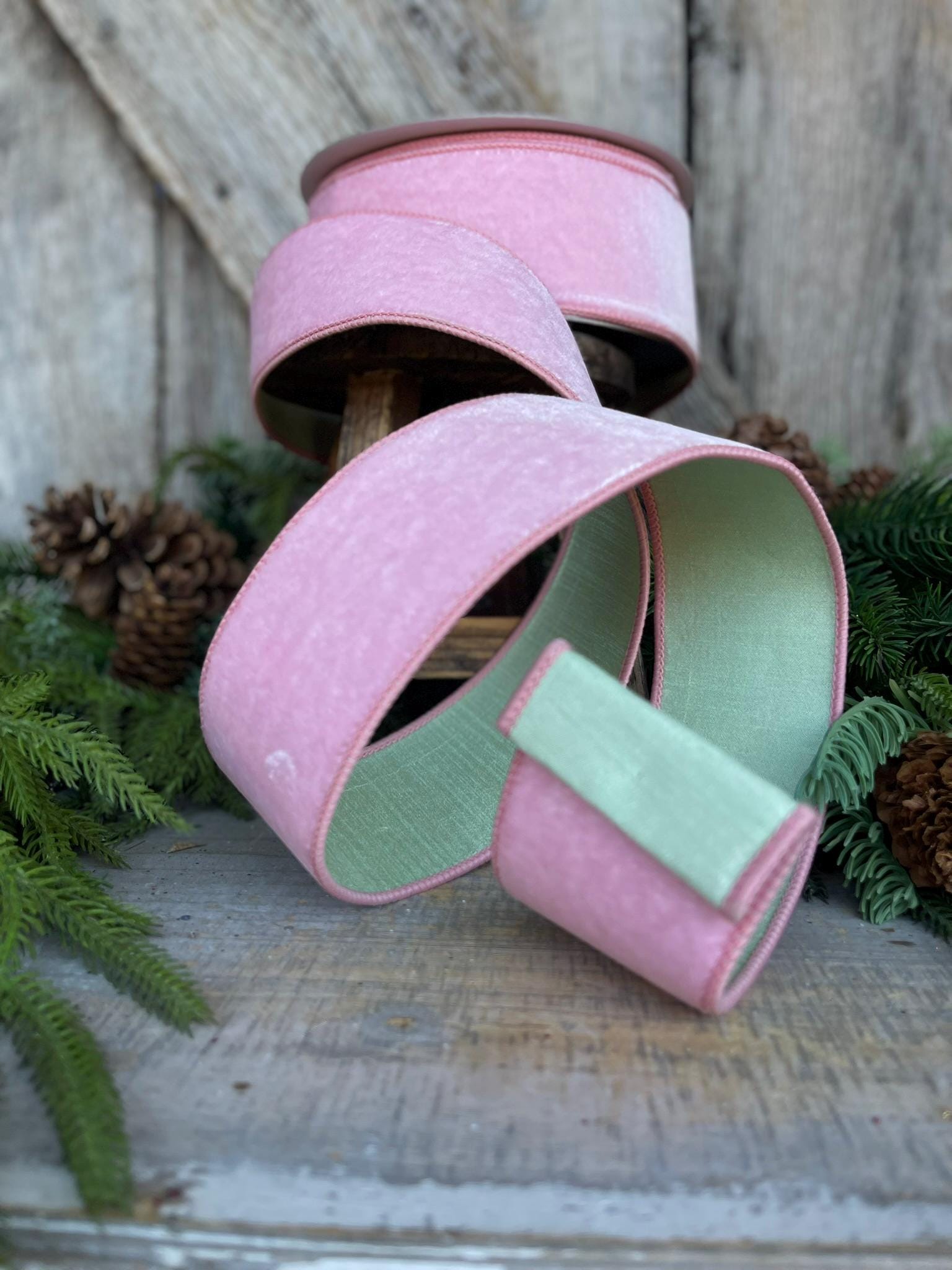 2.5" Pink Mint Green Velvet, Farrisilk Ribbon