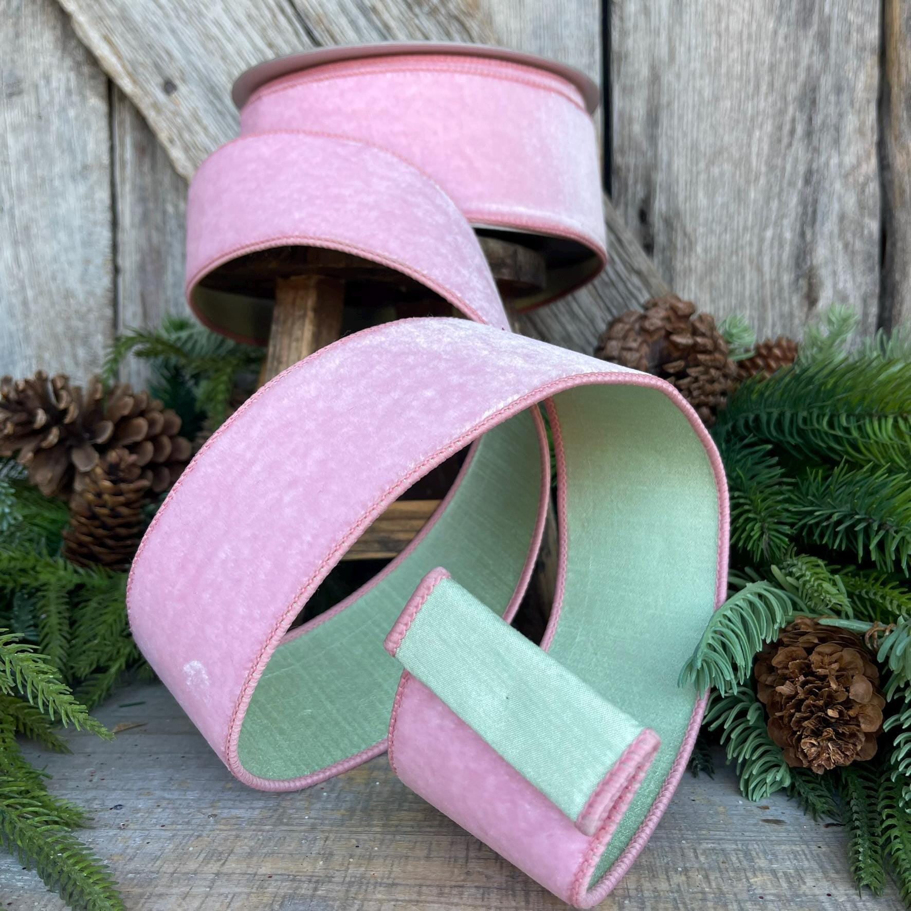 2.5" Pink Mint Green Velvet, Farrisilk Ribbon