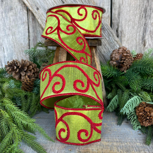 2.5" Red and Green Swirl Ribbon, Farrisilk Ribbon