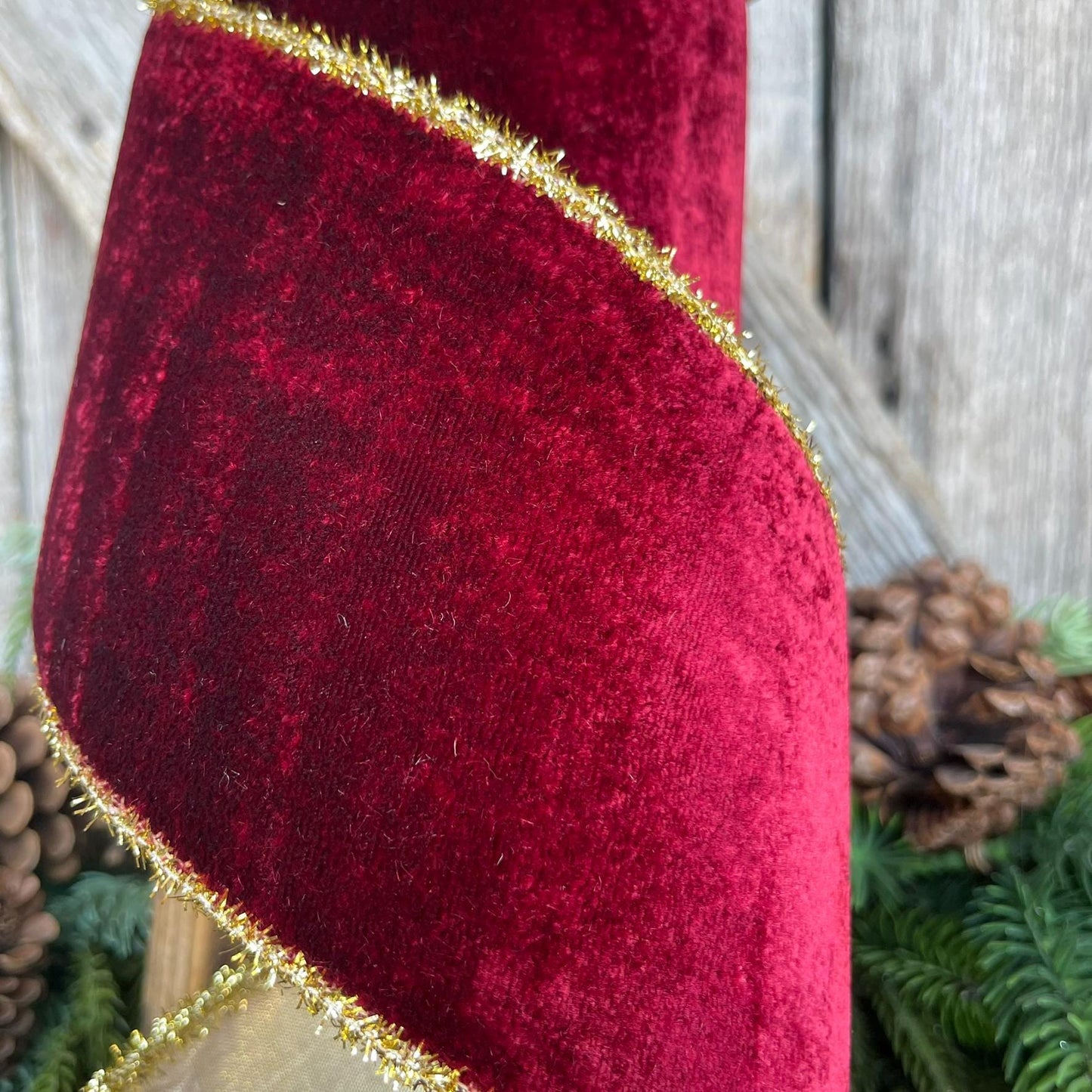 4" Burgundy Velvet Ribbon, Gold Tinsel Trim Ribbon, Christmas Tree Ribbon, Velvet Ribbon, Burgundy Christmas, Maroon Velvet