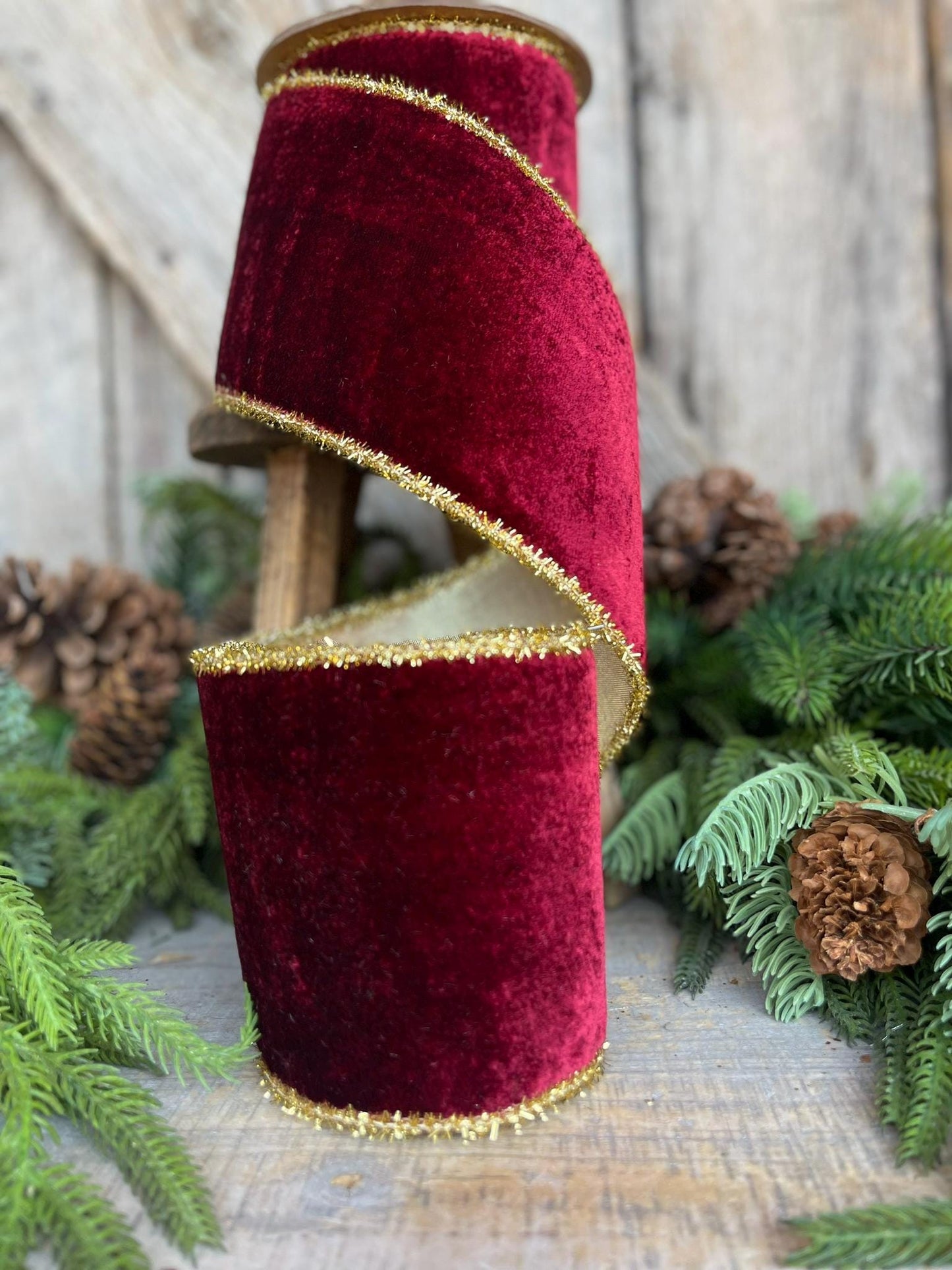 4" Burgundy Velvet Ribbon, Gold Tinsel Trim Ribbon, Christmas Tree Ribbon, Velvet Ribbon, Burgundy Christmas, Maroon Velvet