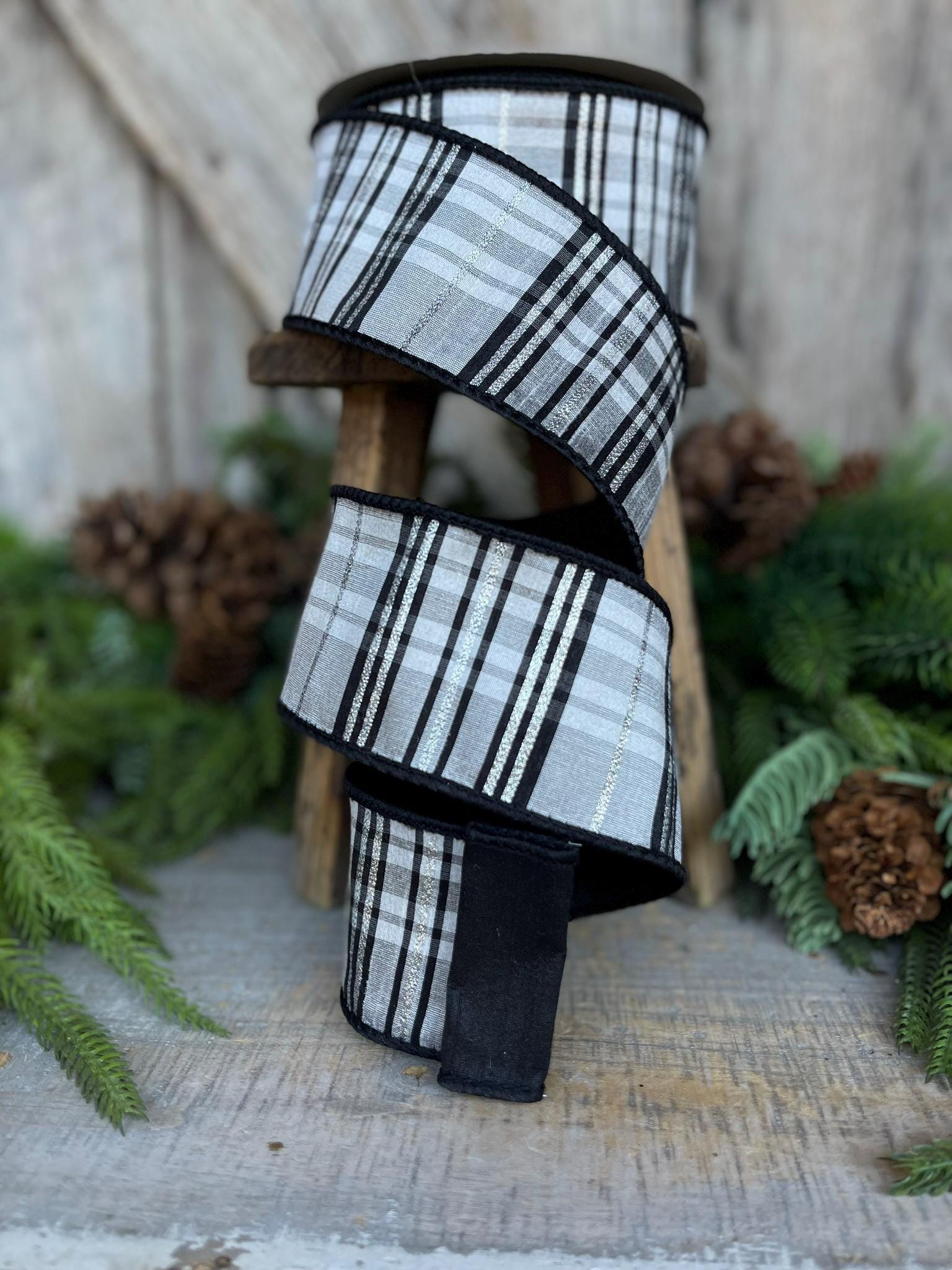 2.5" Black WhitePlaid Ribbon, Farrisilk Ribbon, Designer Ribbon, Black White Ribbon, Preppy Plaid, Christmas Ribbon, RK632-92