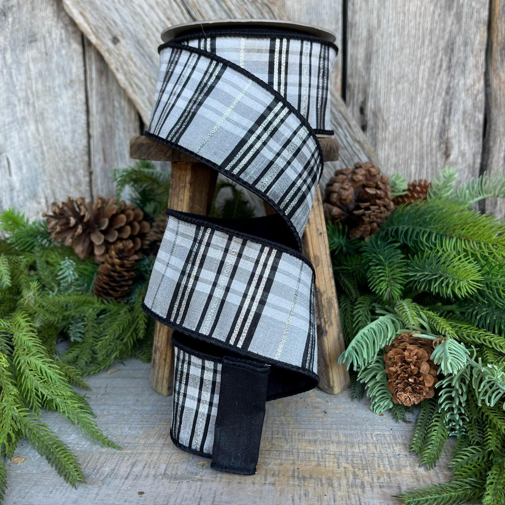 2.5" Black WhitePlaid Ribbon, Farrisilk Ribbon, Designer Ribbon, Black White Ribbon, Preppy Plaid, Christmas Ribbon, RK632-92