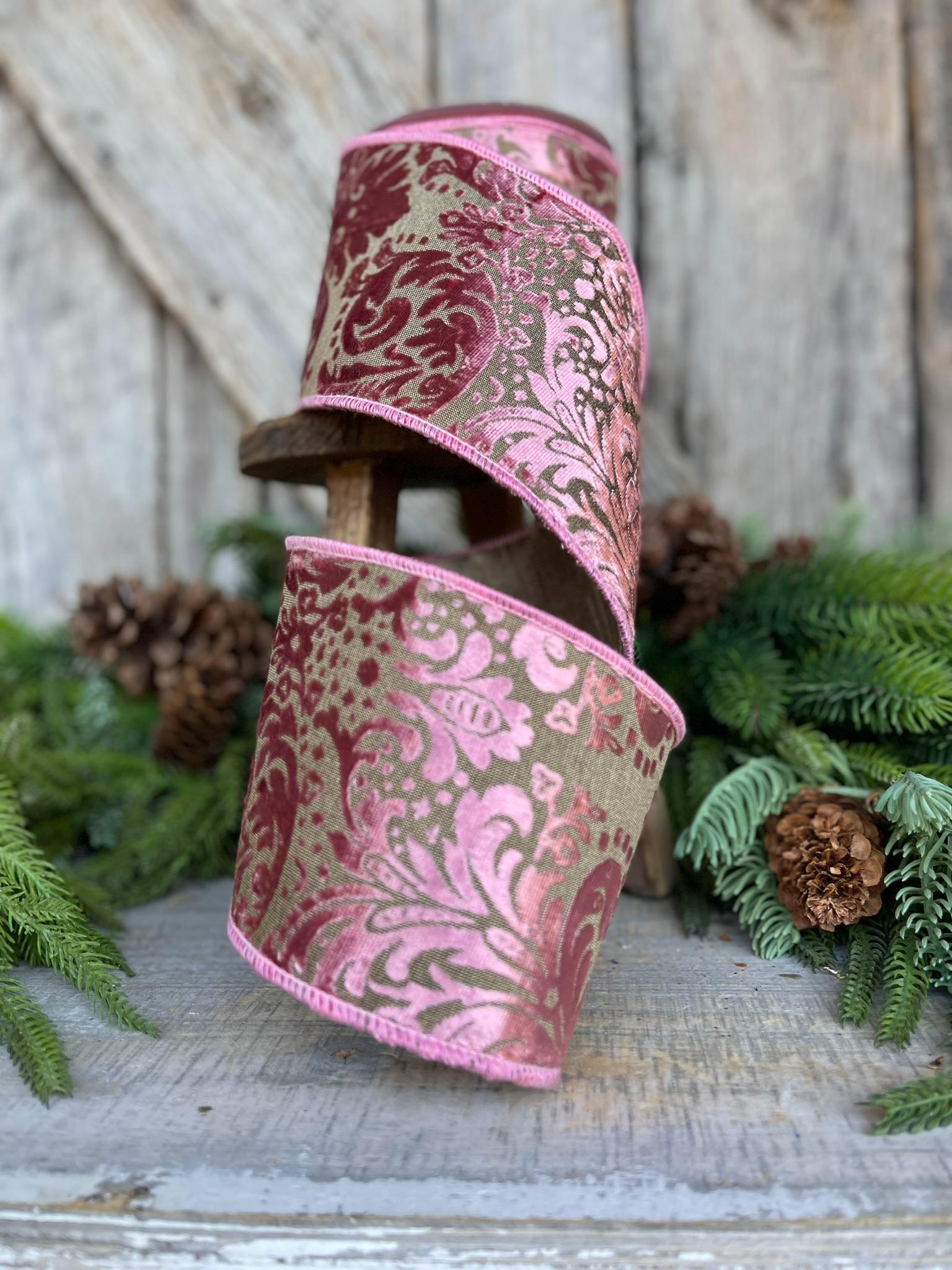 4" Rose Pink Velvet Filigree Christmas Ribbon, Mauve Velvet Ribbon