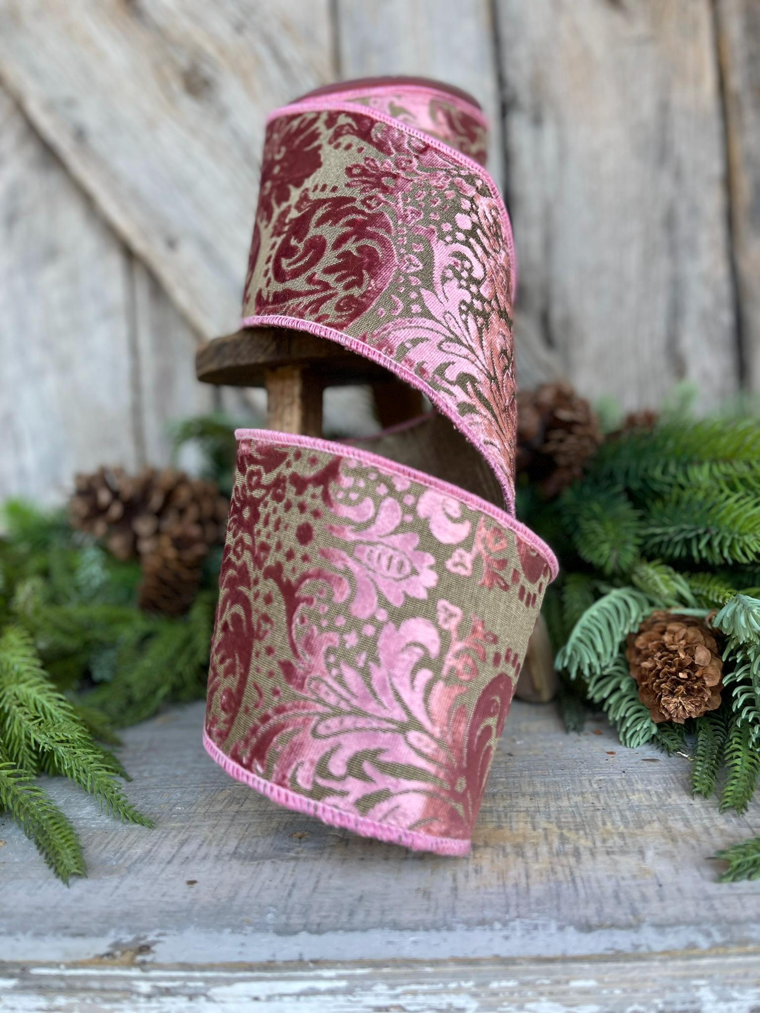 4" Rose Pink Velvet Filigree Christmas Ribbon, Mauve Velvet Ribbon